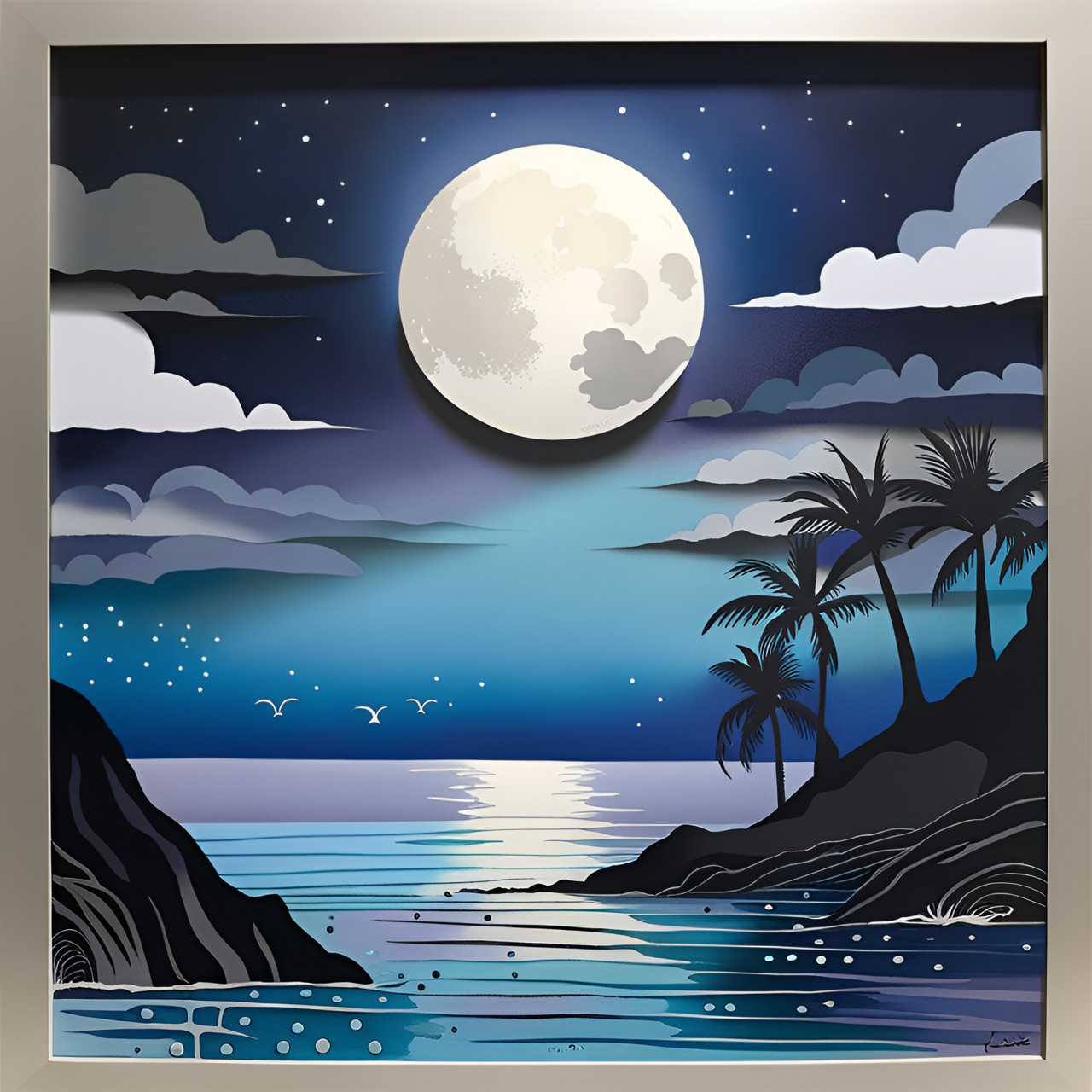 moonrise over the ocean, blue black gray white silver, cut paper art preview