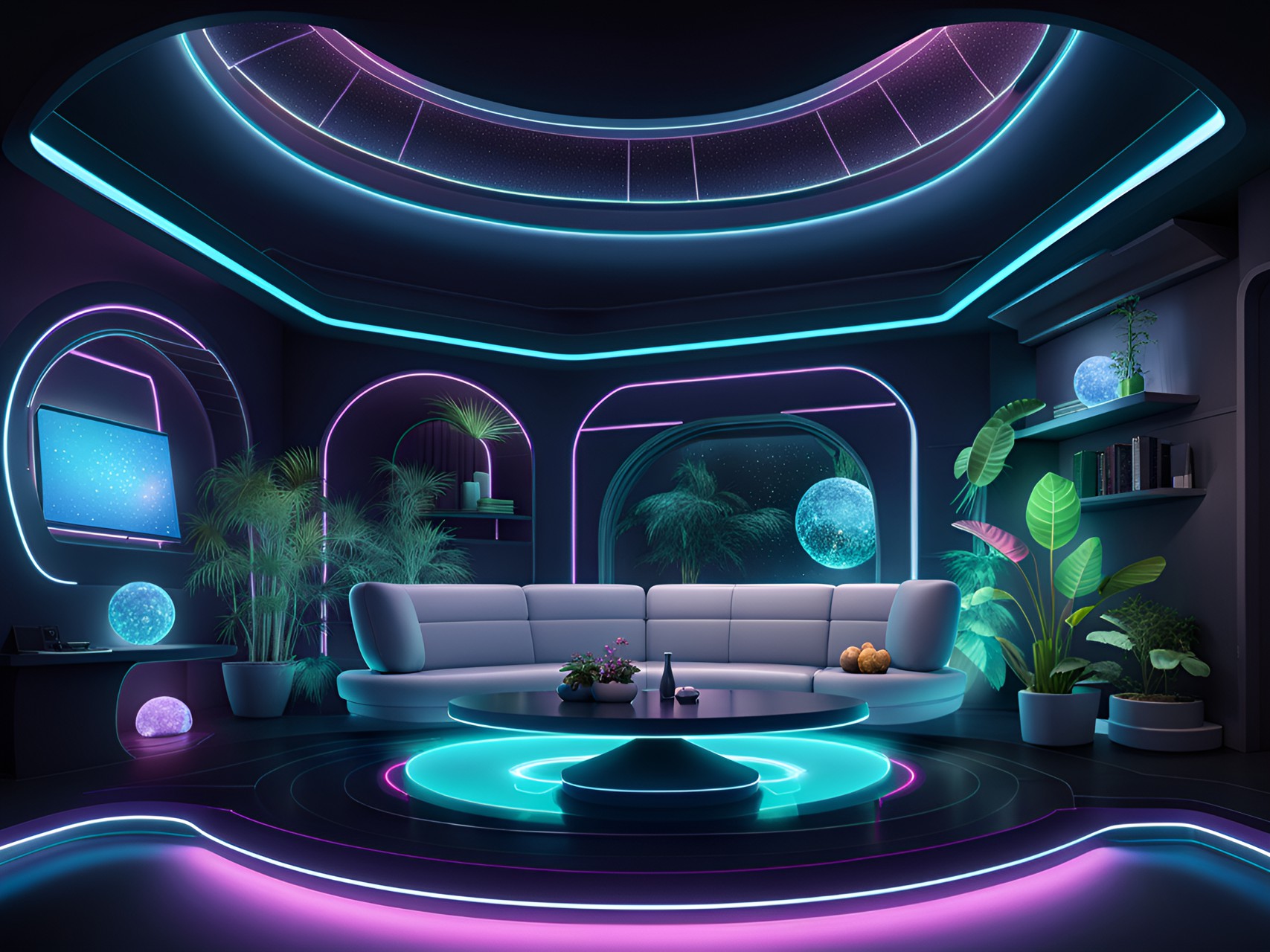 space age subterranean colony home interior, comfortable modern furniture, houseplants, a pet preview