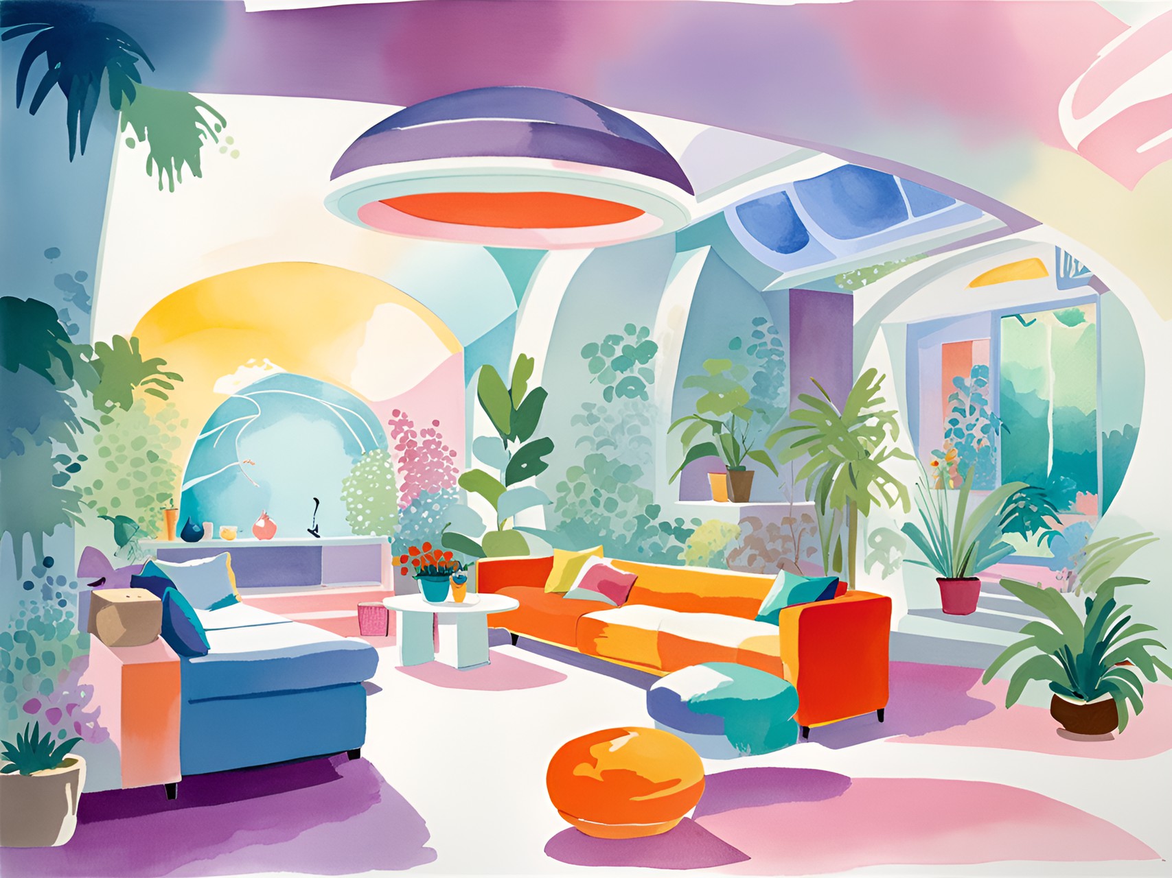 space age subterranean colony home interior, comfortable modern furniture, houseplants, a pet preview