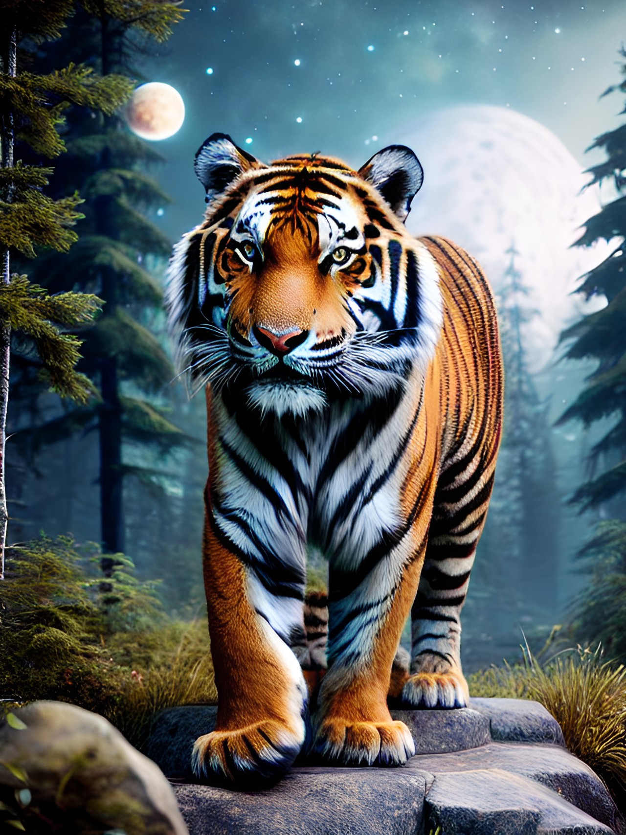 Tiger Moon - siberian tiger, planets, stars, fairytale preview