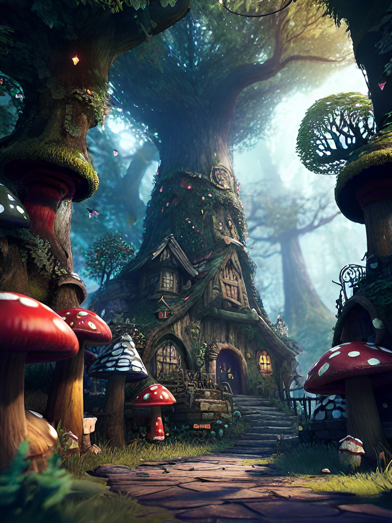 Forest Wonderland - wicked forest, wonderland, vines, mushrooms, gnomes, fantasy, gnome village, mysterious, intense, majestic preview