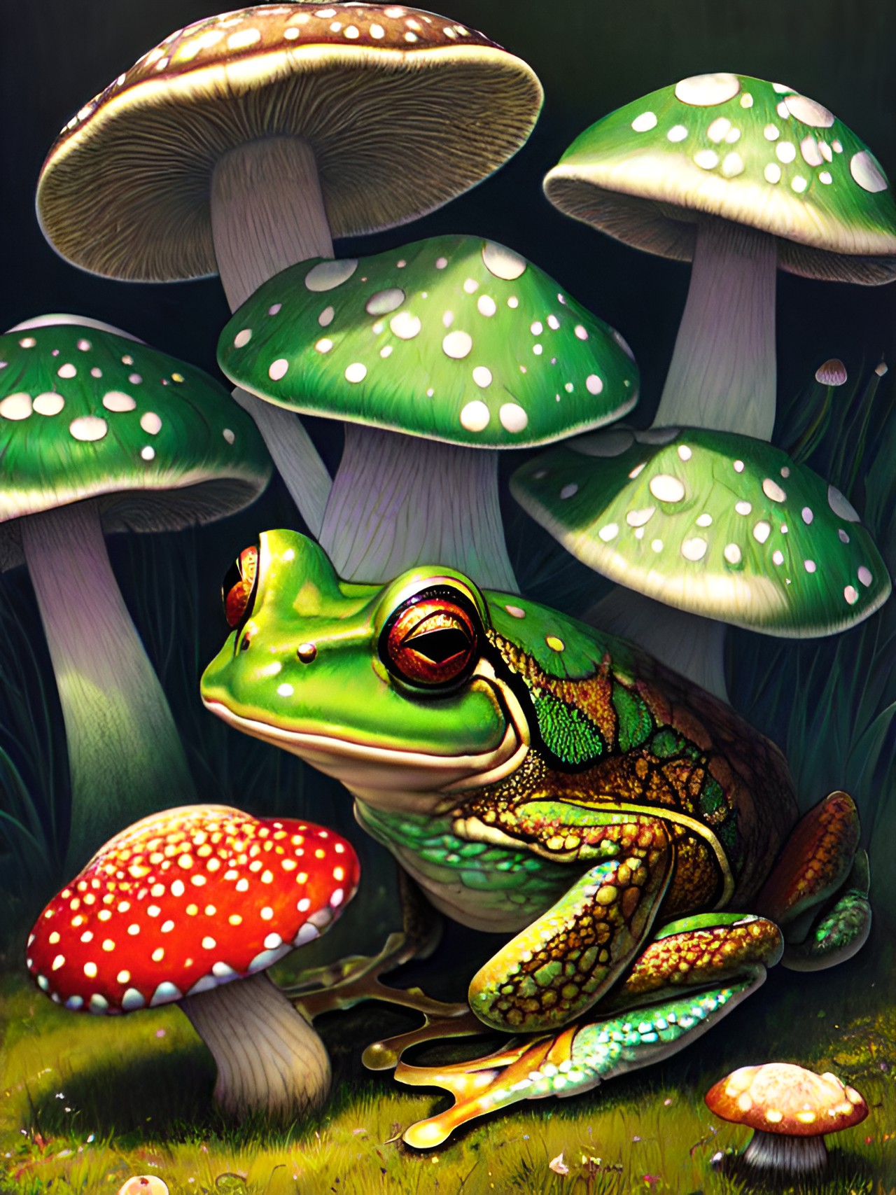 “Ribbit” - alex grey frog sitting on a mushroom preview