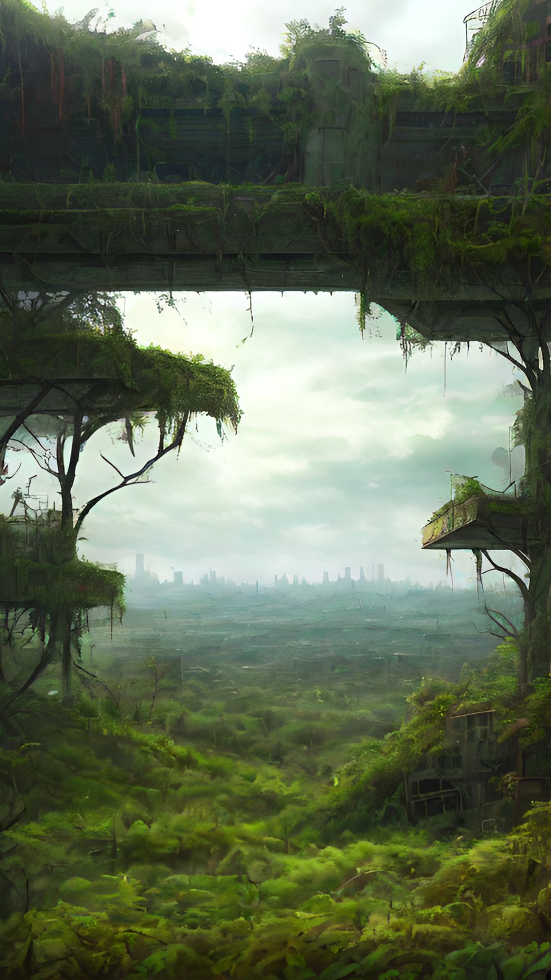 post-apocalyptic landscape overgrown with greenery preview