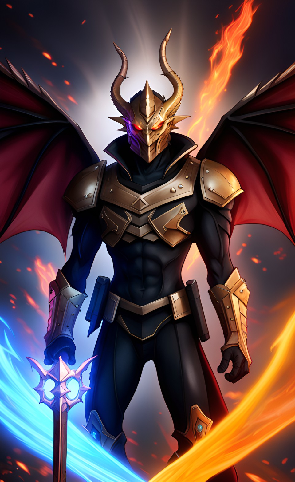 Dragon knight v3 - dragon with neon horn, detailed head, dark knight armor, bahamut, final fantasy, around him with flame, holding great sword, sharp focus, synthwave art, aesthetic, octane render, raw, cinematic preview