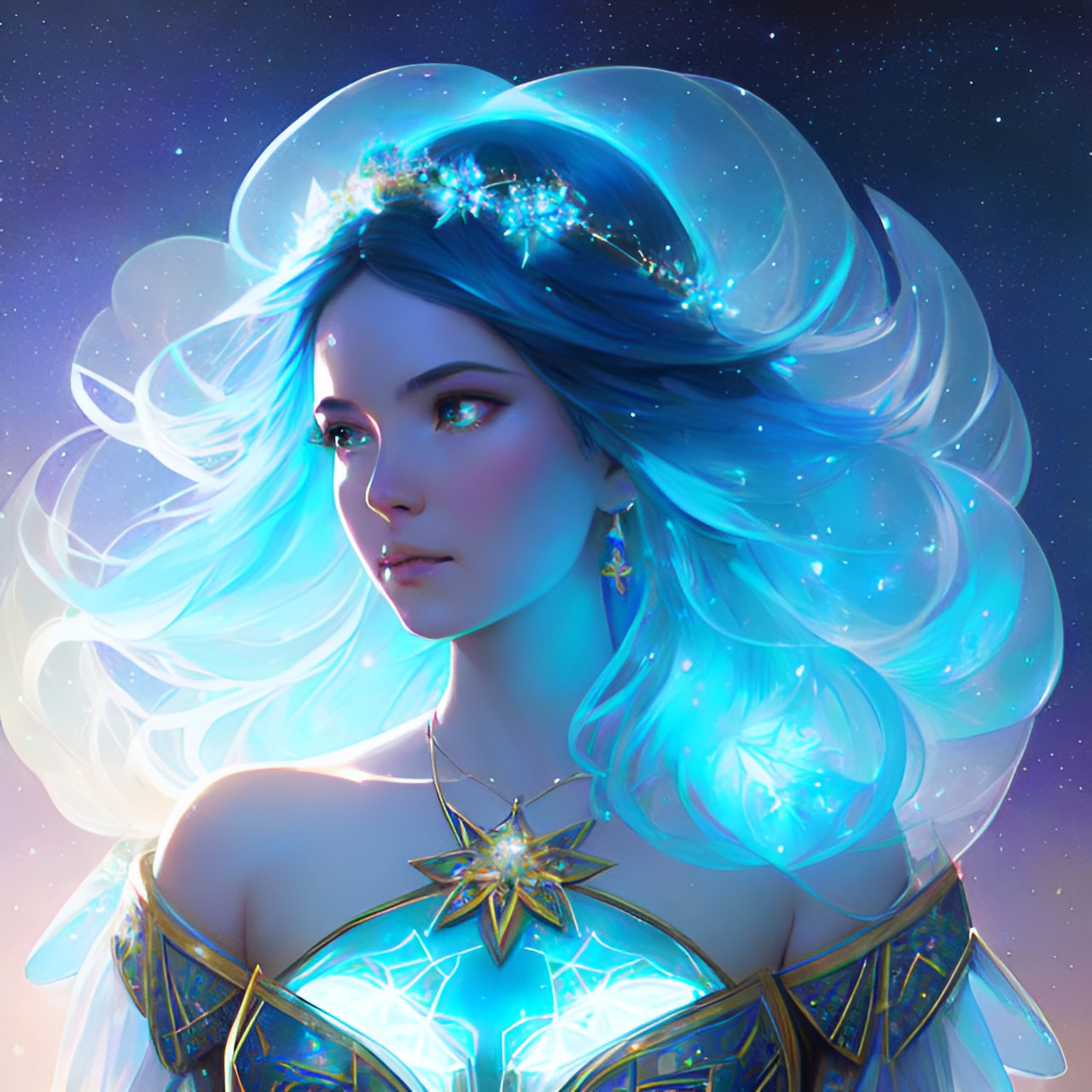 glowing celestial constellation goddess with translucent blue skin preview