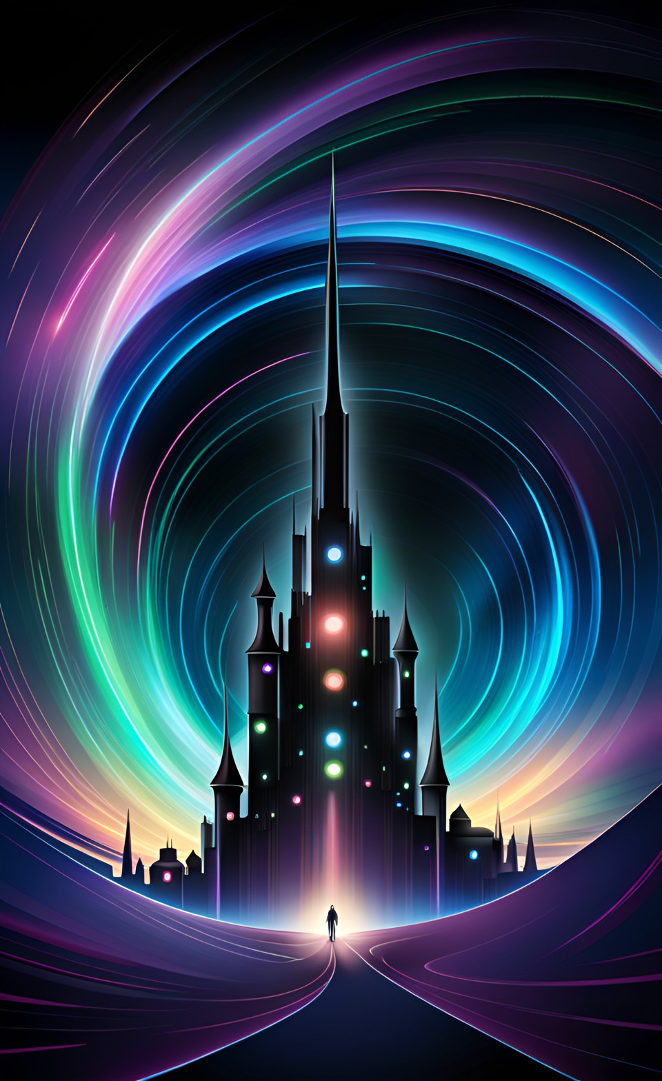 The Galaxy tower - tall spiraling citadel reaching into the aurora borealis, night preview