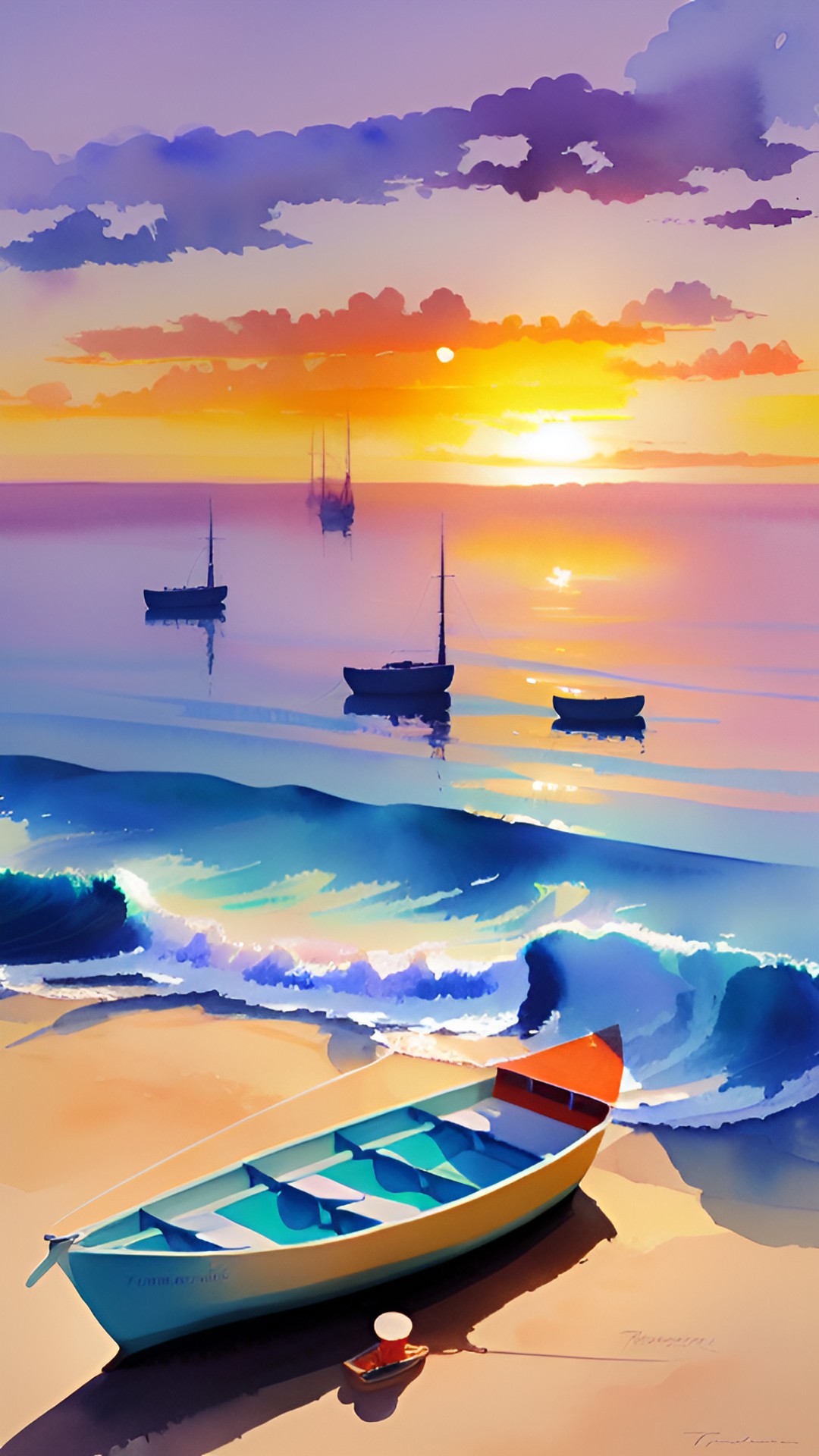 colour beach - sunrise at the seaside
sun over the ocean
seagulls everywhere
boats
waves
foam
umbrellas
people
beach preview