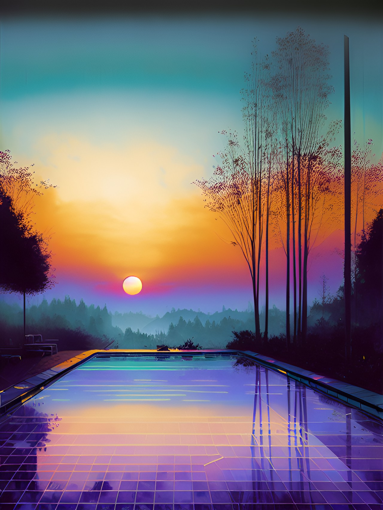 purple swimming pool retrowave sun rise preview