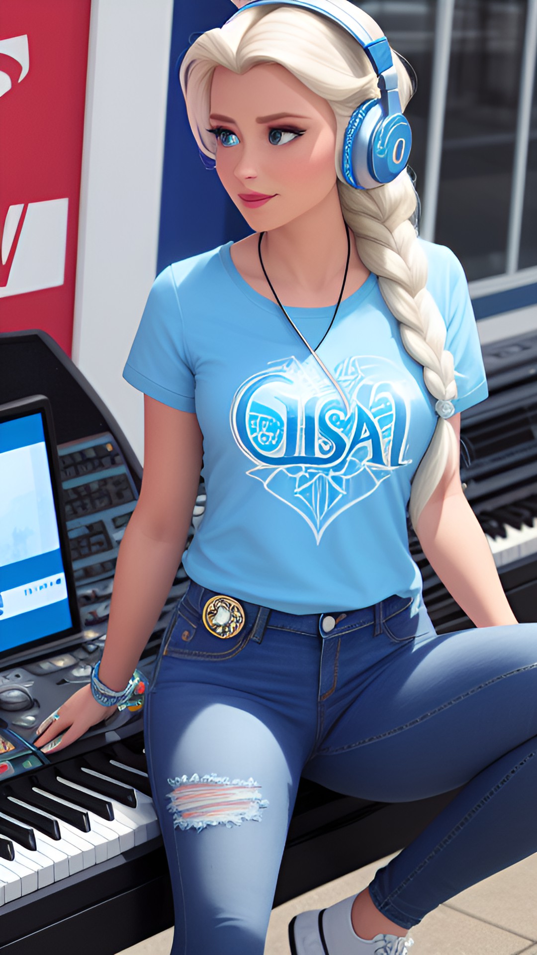 elsa from frozen wearing a t-shirt jeans and headphones preview