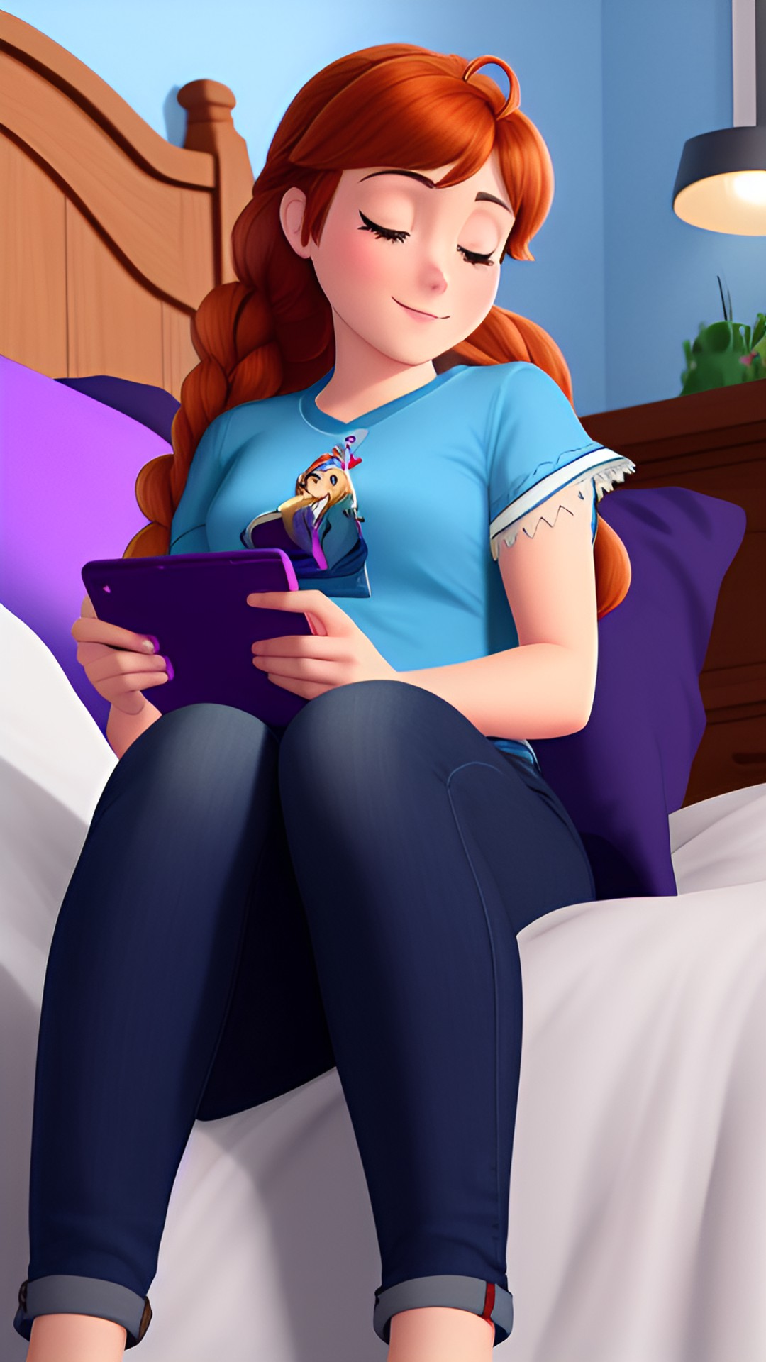 anna from frozen laying down in bed watching a video on a phone wearing blue jeans and a t-shirt preview