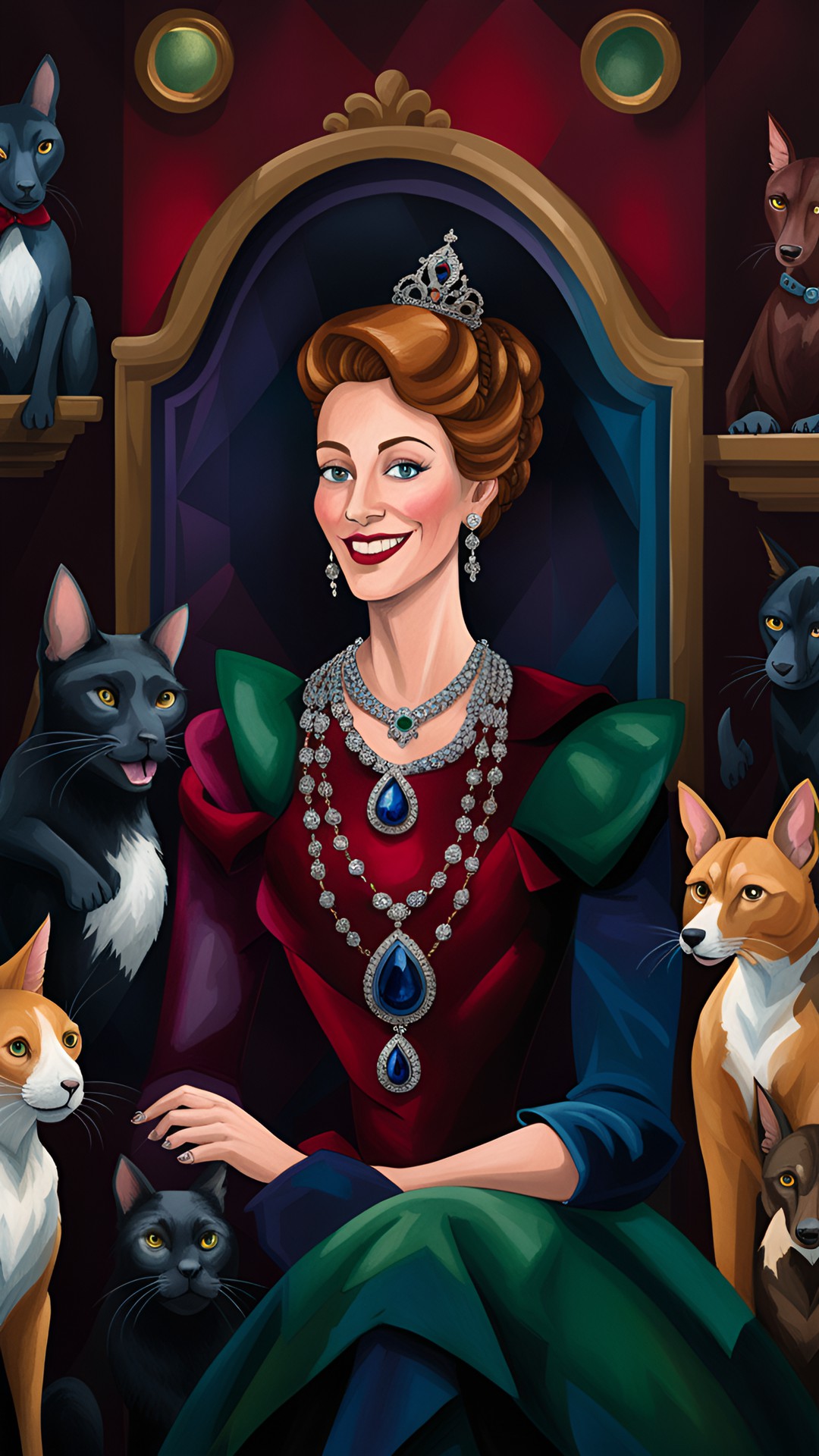 lighthearted portrait of a cheerful duchess and her pets with dark interior background scene, black, tones of red wine and midnight blue and gem tones of ruby sapphire diamond and emerald with contrasting bright highlights. preview