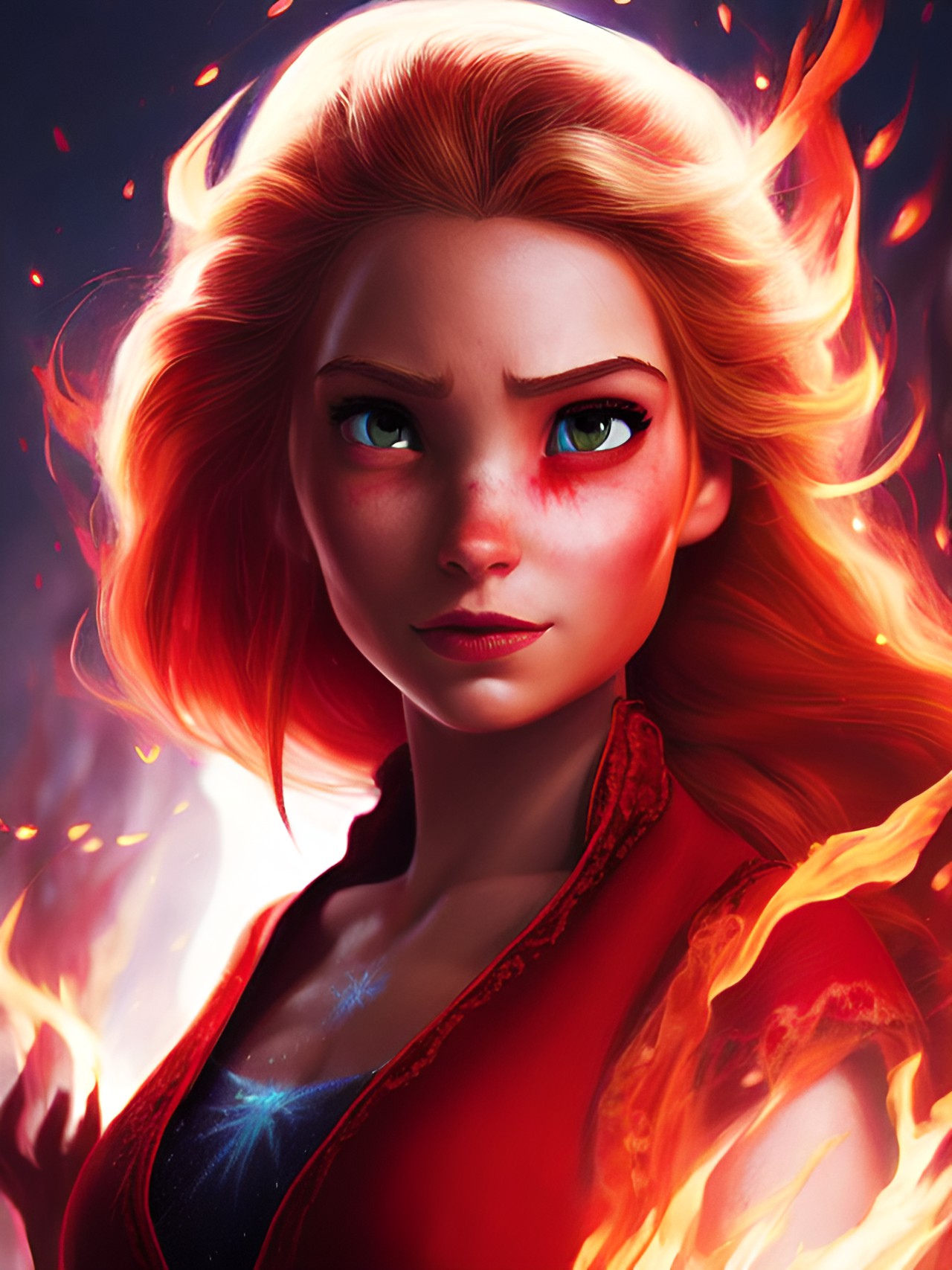 elsa from frozen with lava fire powers and red clothes and red eyes $ice blue$ preview