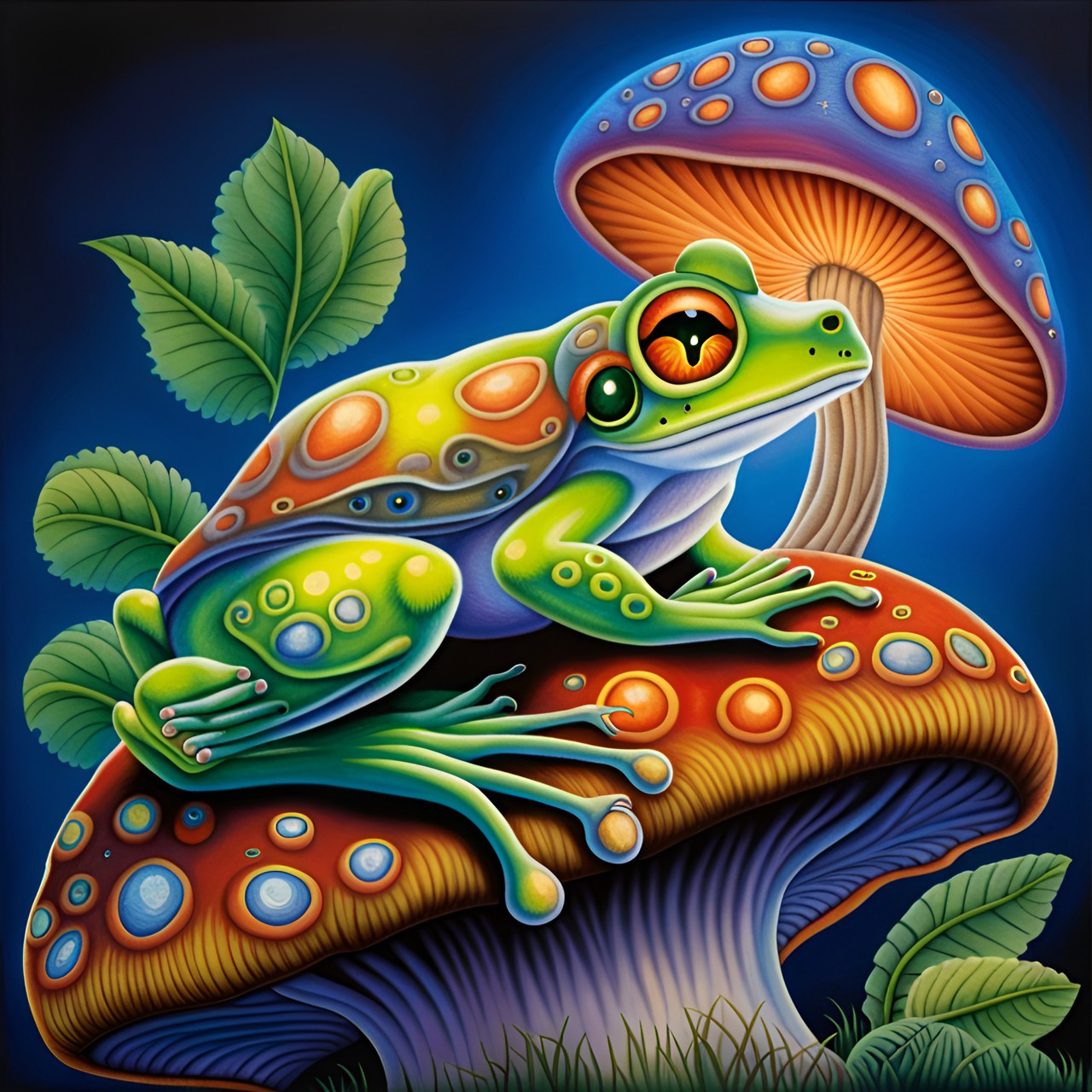 Just Chillin’ - alex grey, frog sitting on a mushroom, colorful, cute, glowing, fairytale preview