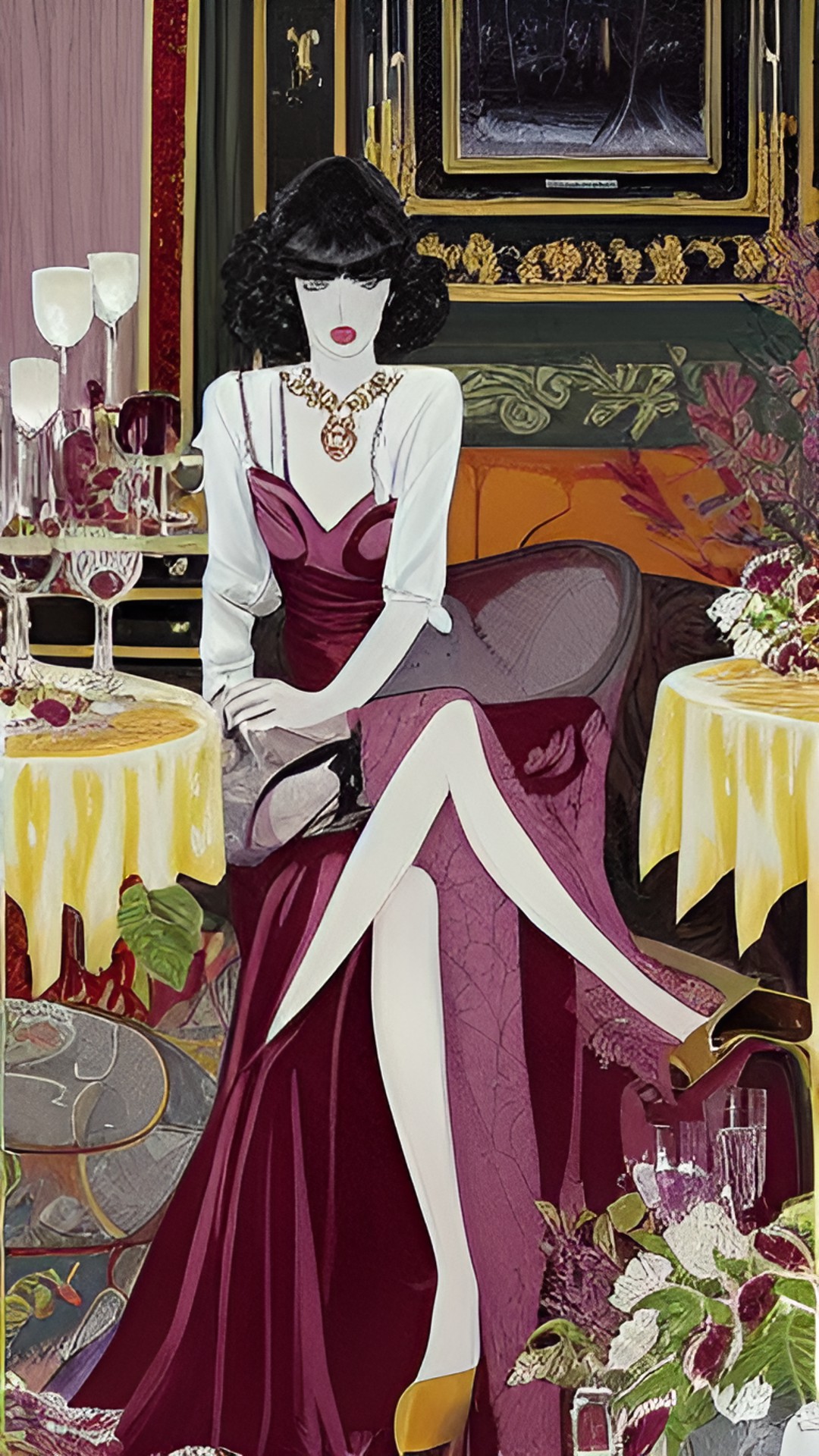 sultry, saten, lounging woman, red burgundy,  maroon wine preview