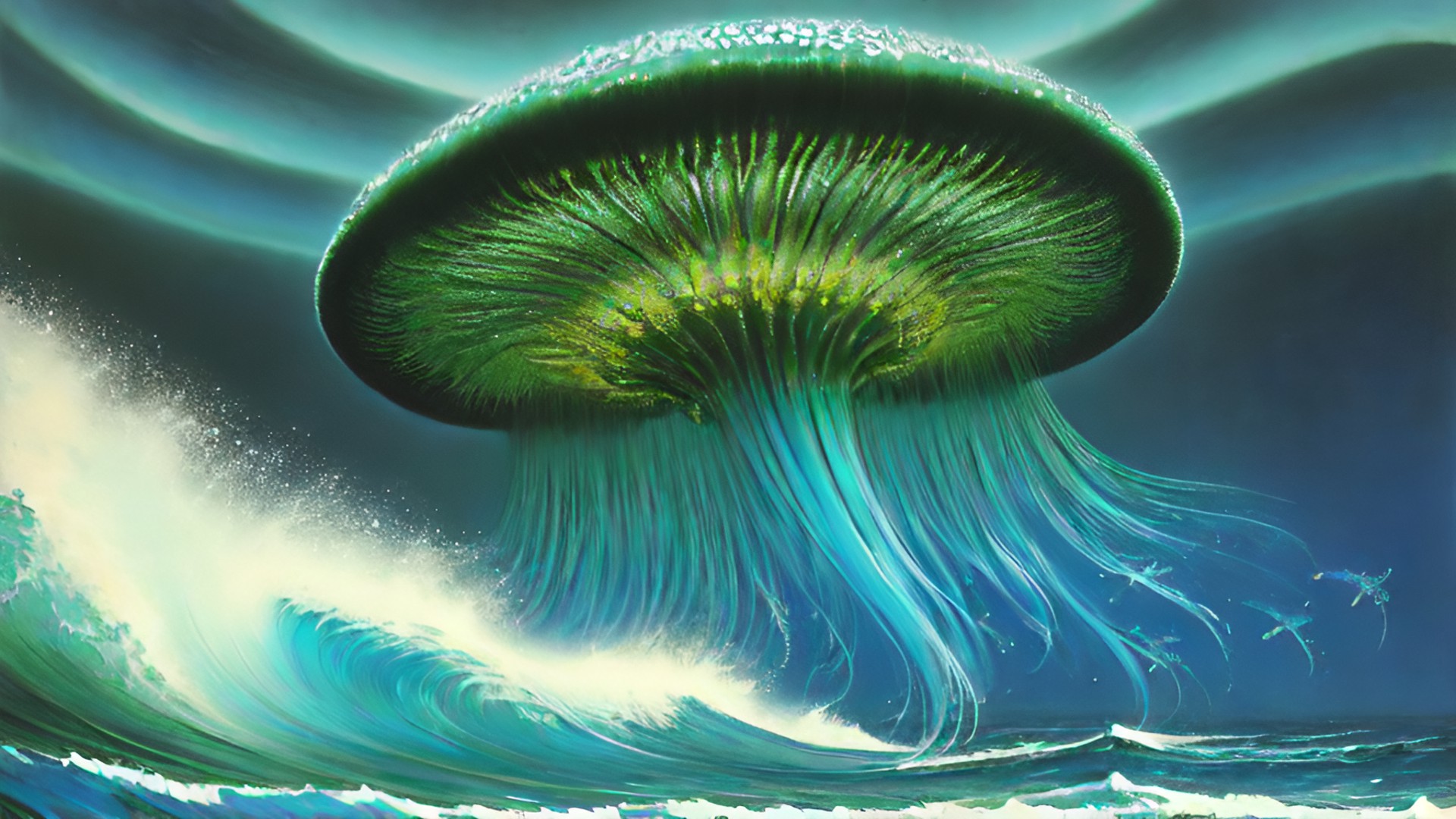 jellyfish queen, powerful waves, green blue preview