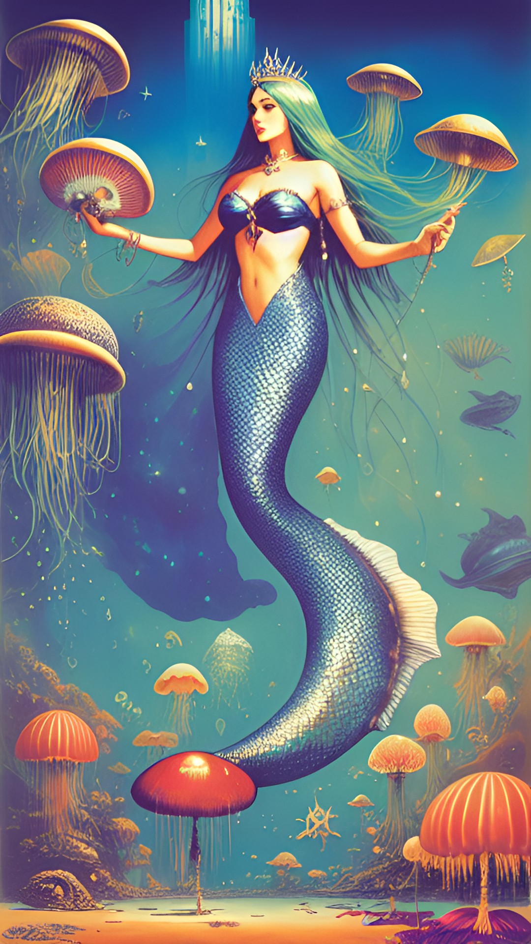 mermaid, siren, jellyfish, queen, giant, clam, and pearls  preview