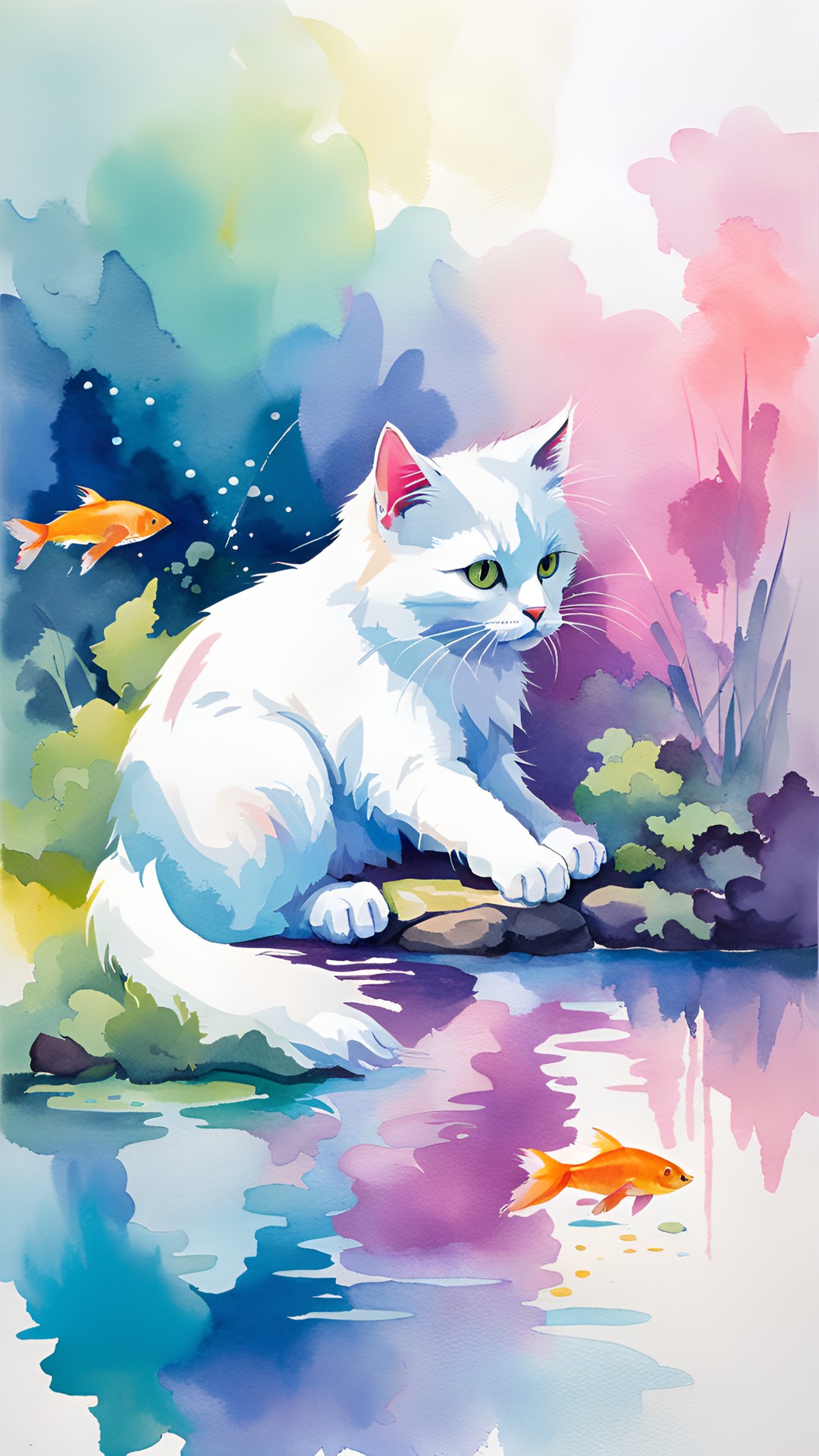 white colorful fluffy cat eating a fish from a pond preview