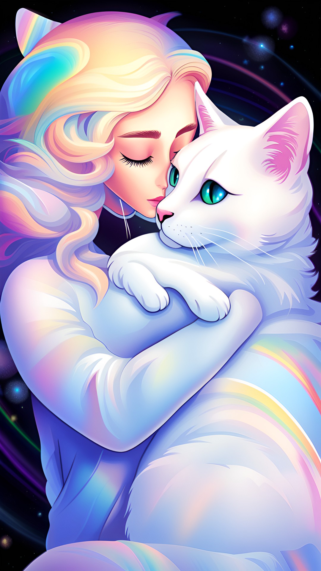 blonde woman kissing white fluffy cat by a rainbow preview