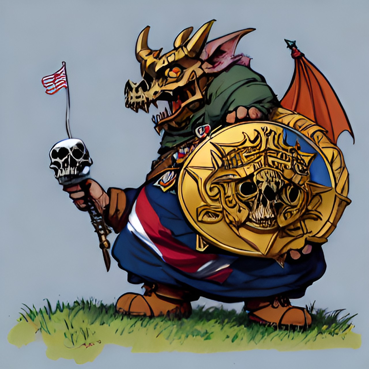 d&d flag, golden dragon holding a goblin skull, simple, artistic preview