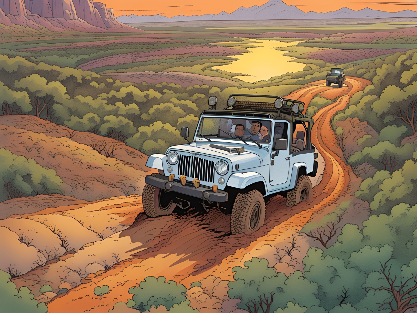 at sundown - jeep on wild track, by asaf hanuka,at sundown preview