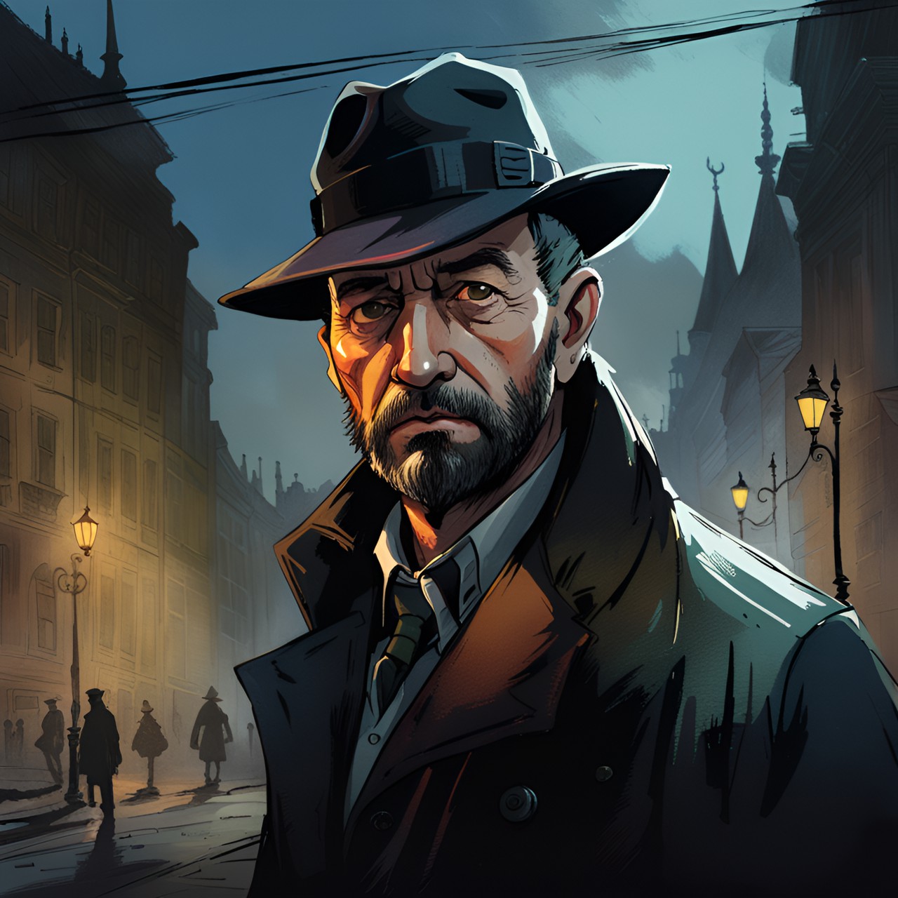 detective on criminal spot on budapest, by ismail inceoglu & arthur rackham,dark scene, cartoonish, close up to portrait preview