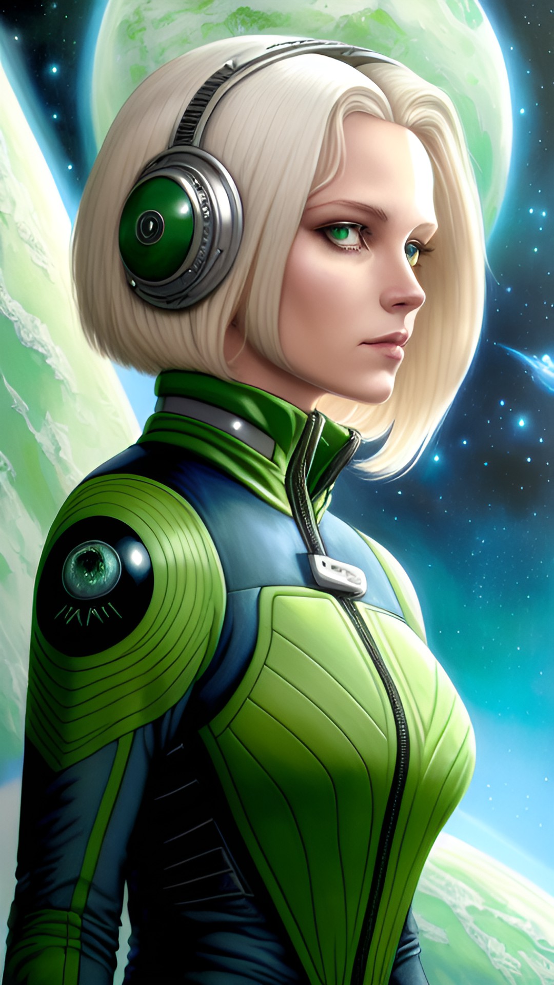 woman platinum blonde hair green eyes matching space suit on alien world preview