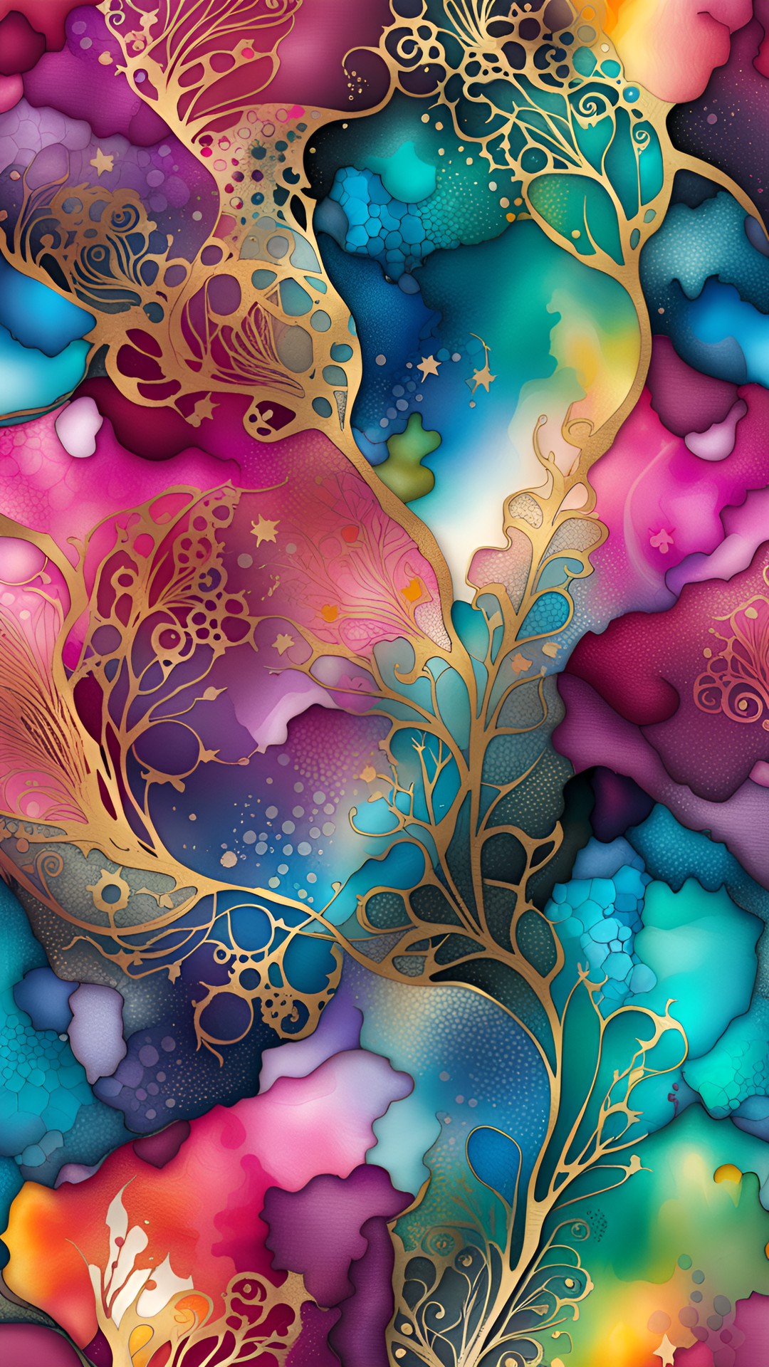 colorful alcohol ink pours, with metallic filigree doodles preview