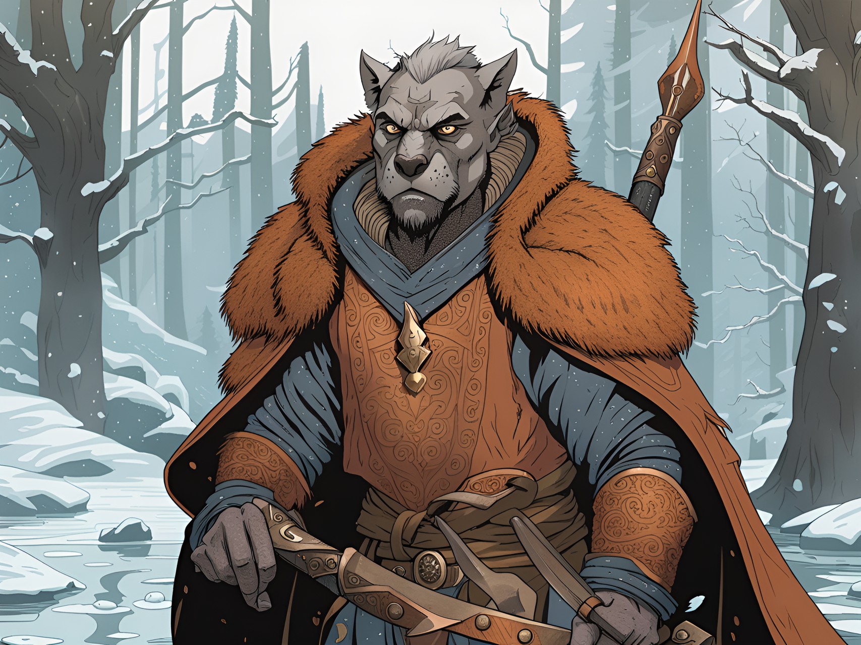 nordic grotesque gnoll prince with broadsword, copper robe, dark scene by mike mingola&asaf hanuka,dull pale hair and skin,portrait,award winning digitalarts,35mm,on ice lake village preview