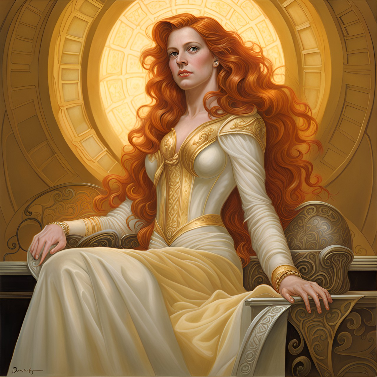 age 45,straith long ginger hair brest lady portrait, by donato giancola preview