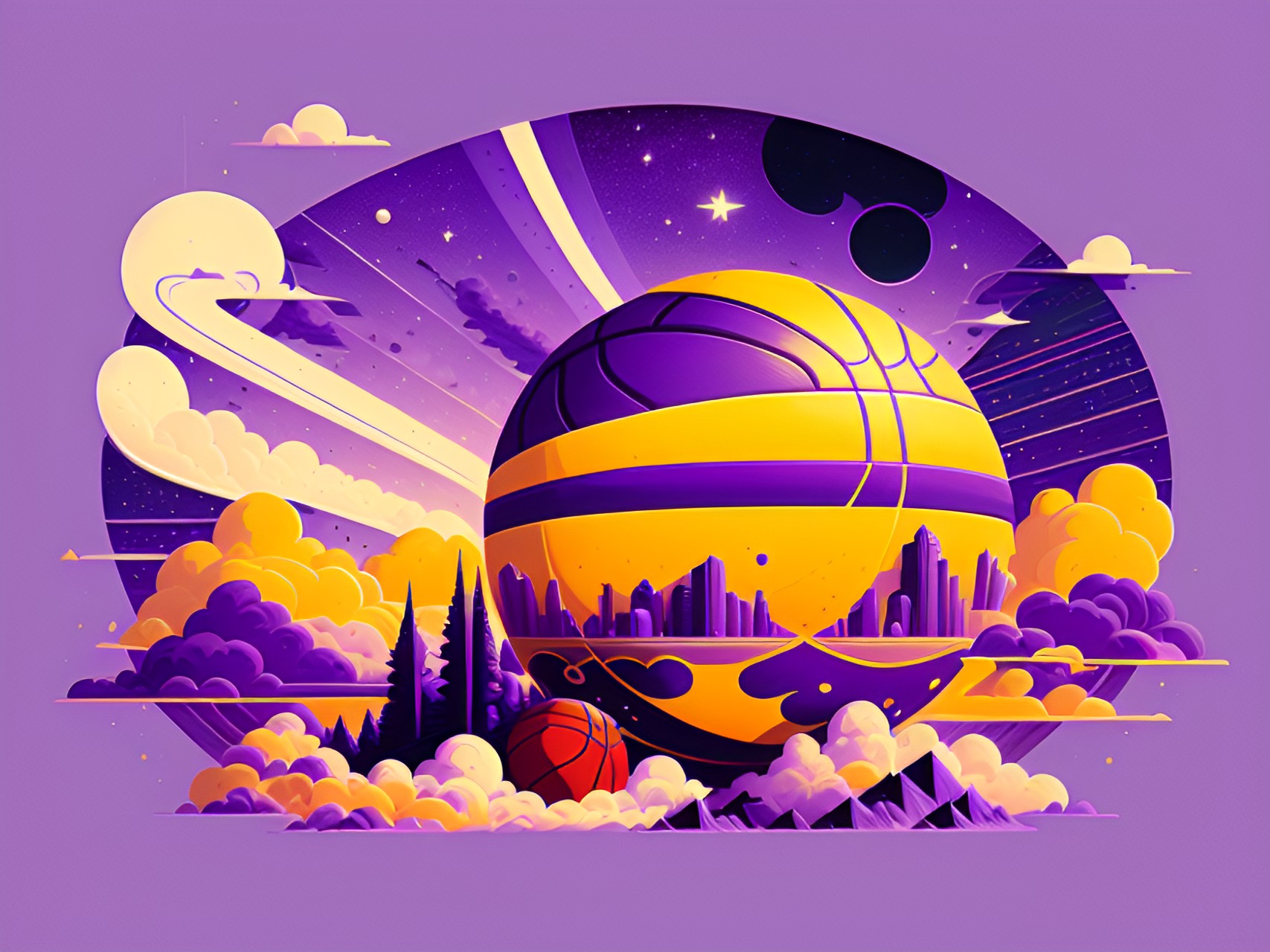 a basketball in the sky purple and gold preview