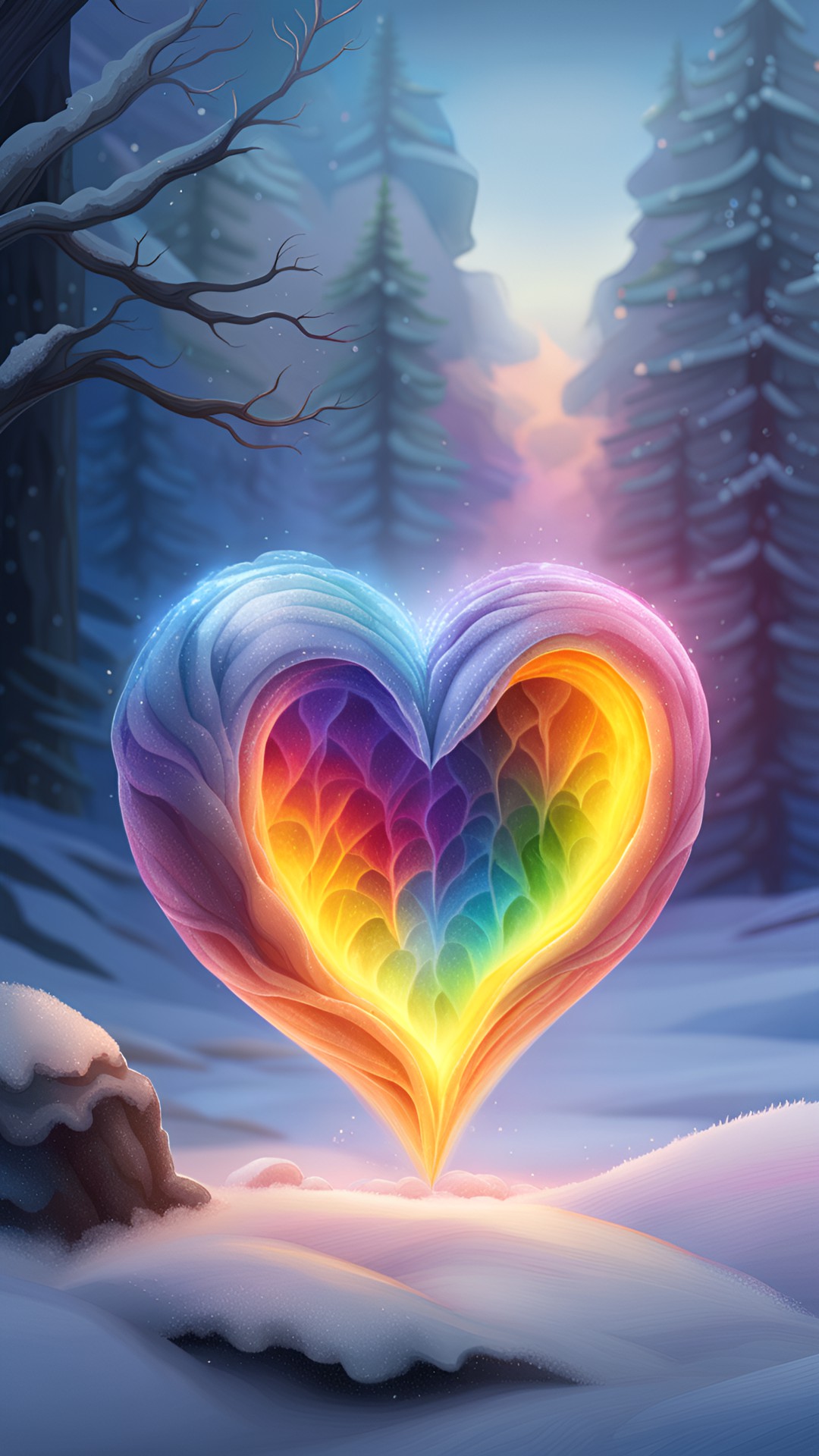 an realistic rainbow fire heart in a winter world preview