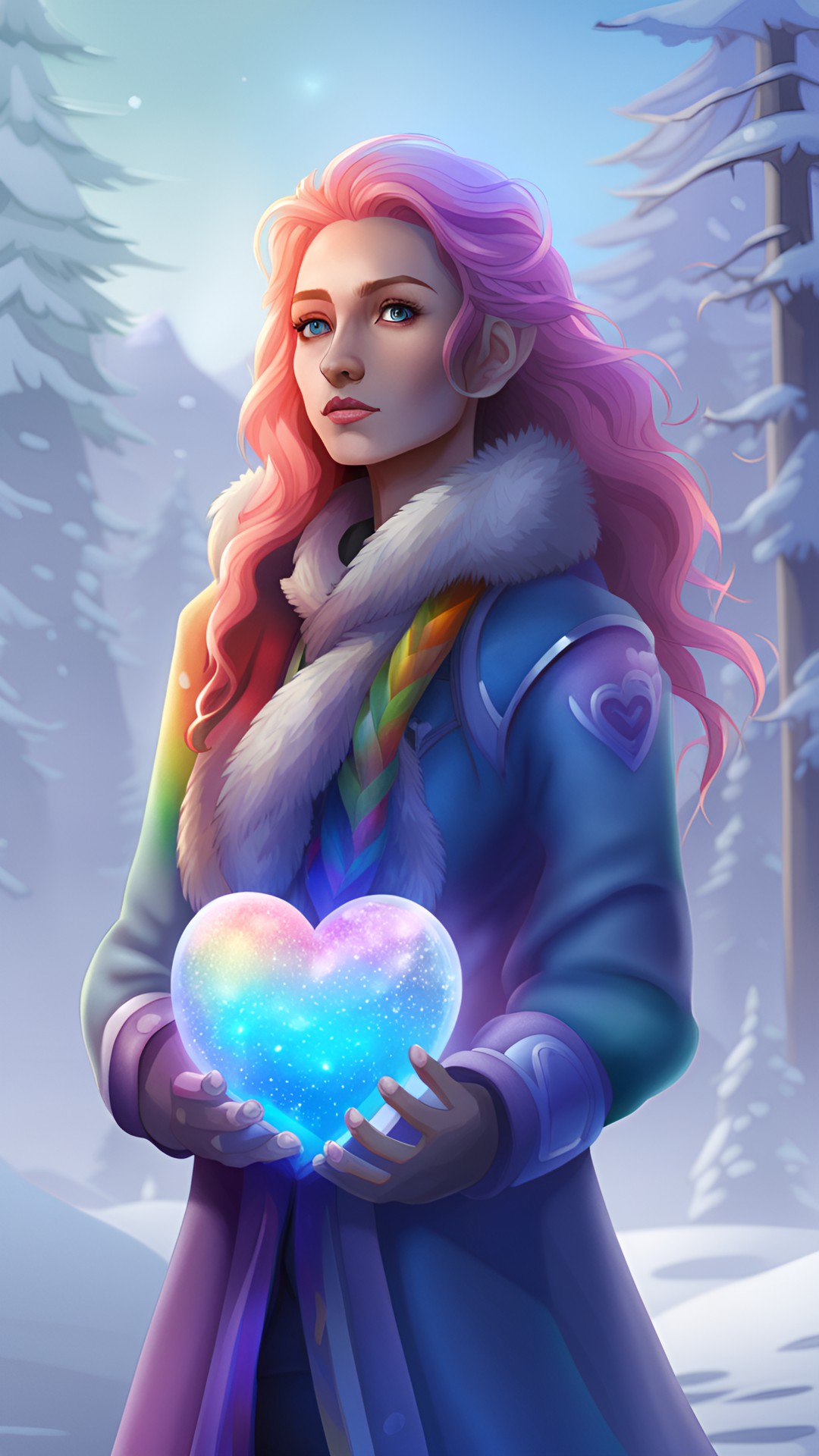 an realistic rainbow fire heart in a winter world preview