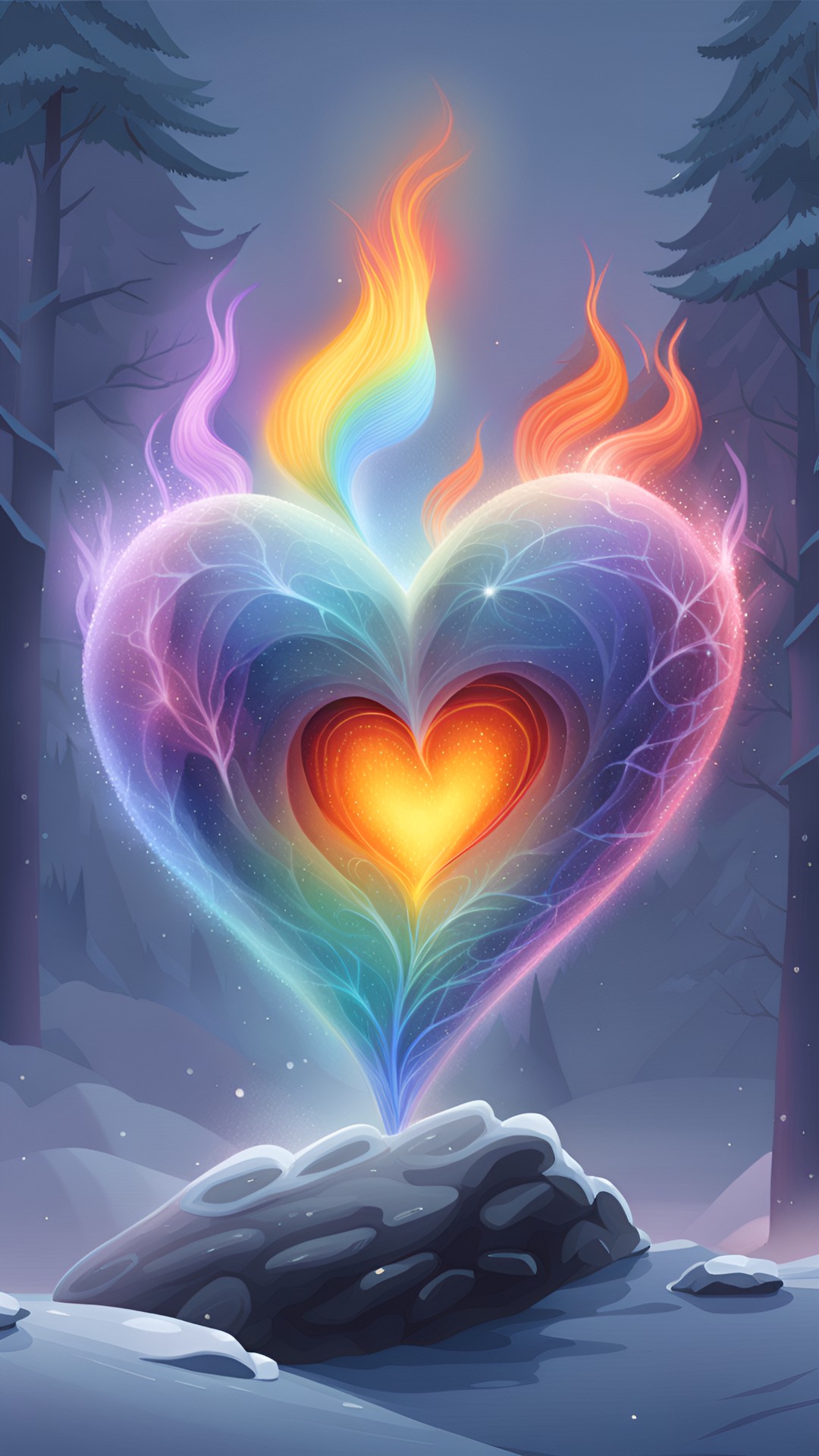 an realistic rainbow fire heart in a winter world preview