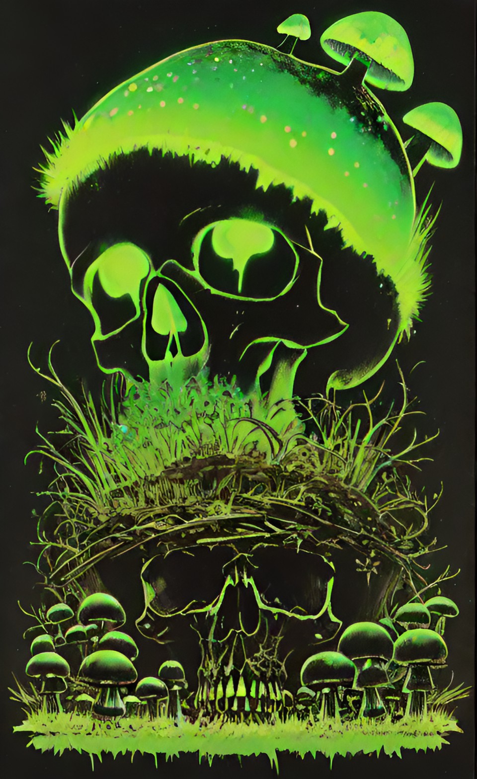 undulate 13 - black background, flurecent skull with green glowing mushrooms growing out of the skulls head preview