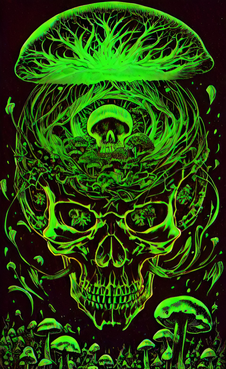 undulate 14 - black background, flurecent skull with green glowing mushrooms growing out of the skulls head preview