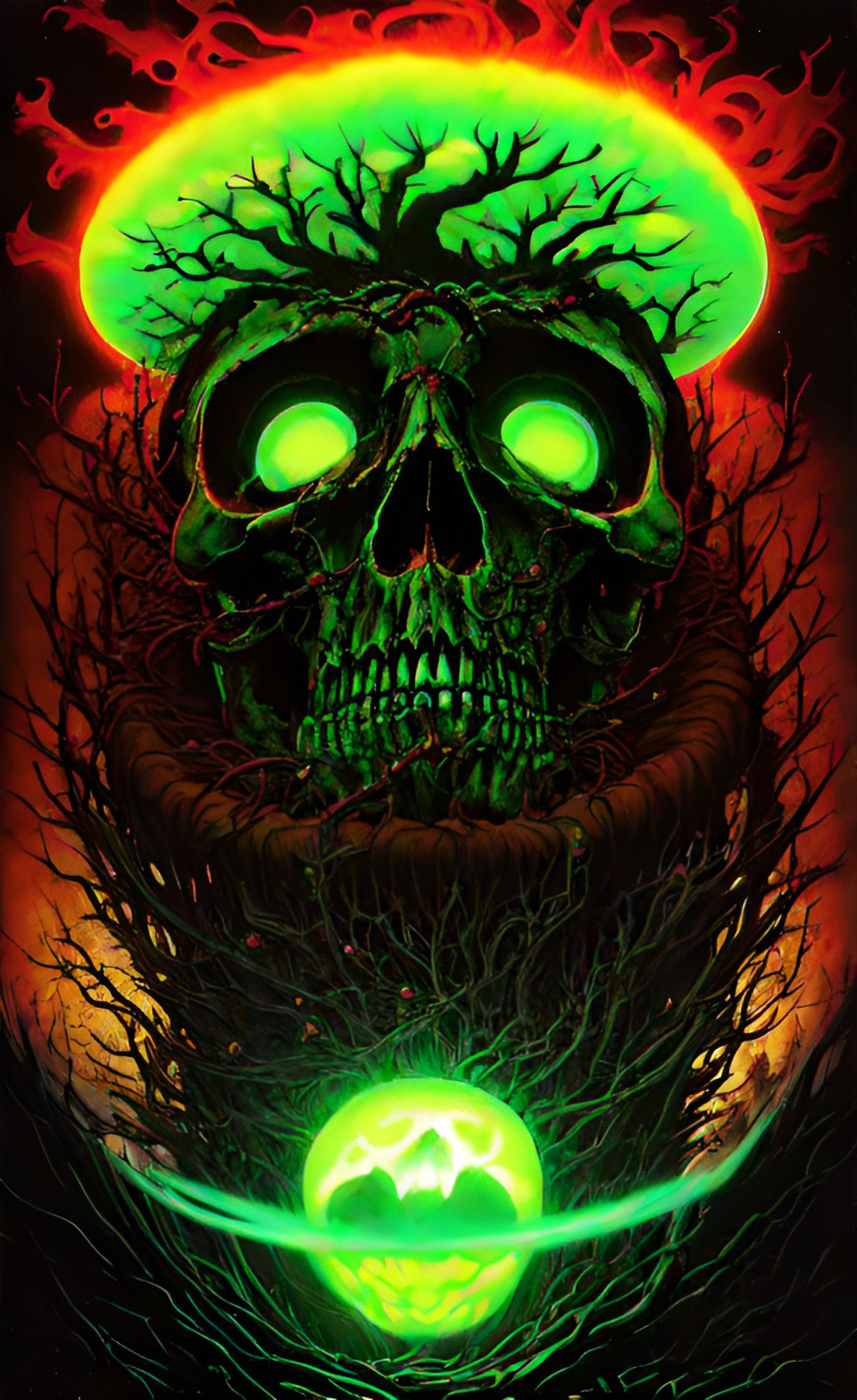 skull 4 - black background, florescent skull with green glowing mushrooms growing out of the skulls head, red glowing eye sockets preview