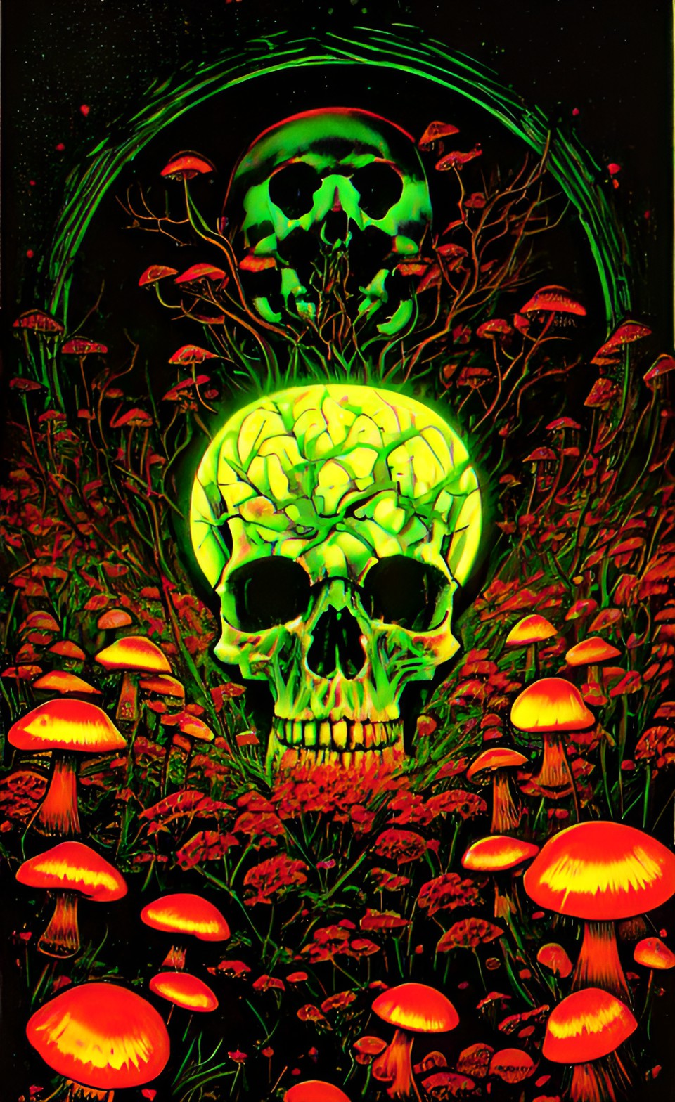 mushroom skull - black background, florescent skull with green glowing mushrooms growing out of the skulls head, red glowing eye sockets preview