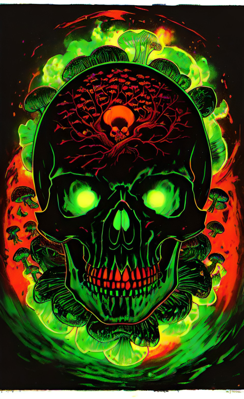 black background, florescent skull with green glowing mushrooms growing out of the skulls head, red glowing eye sockets preview