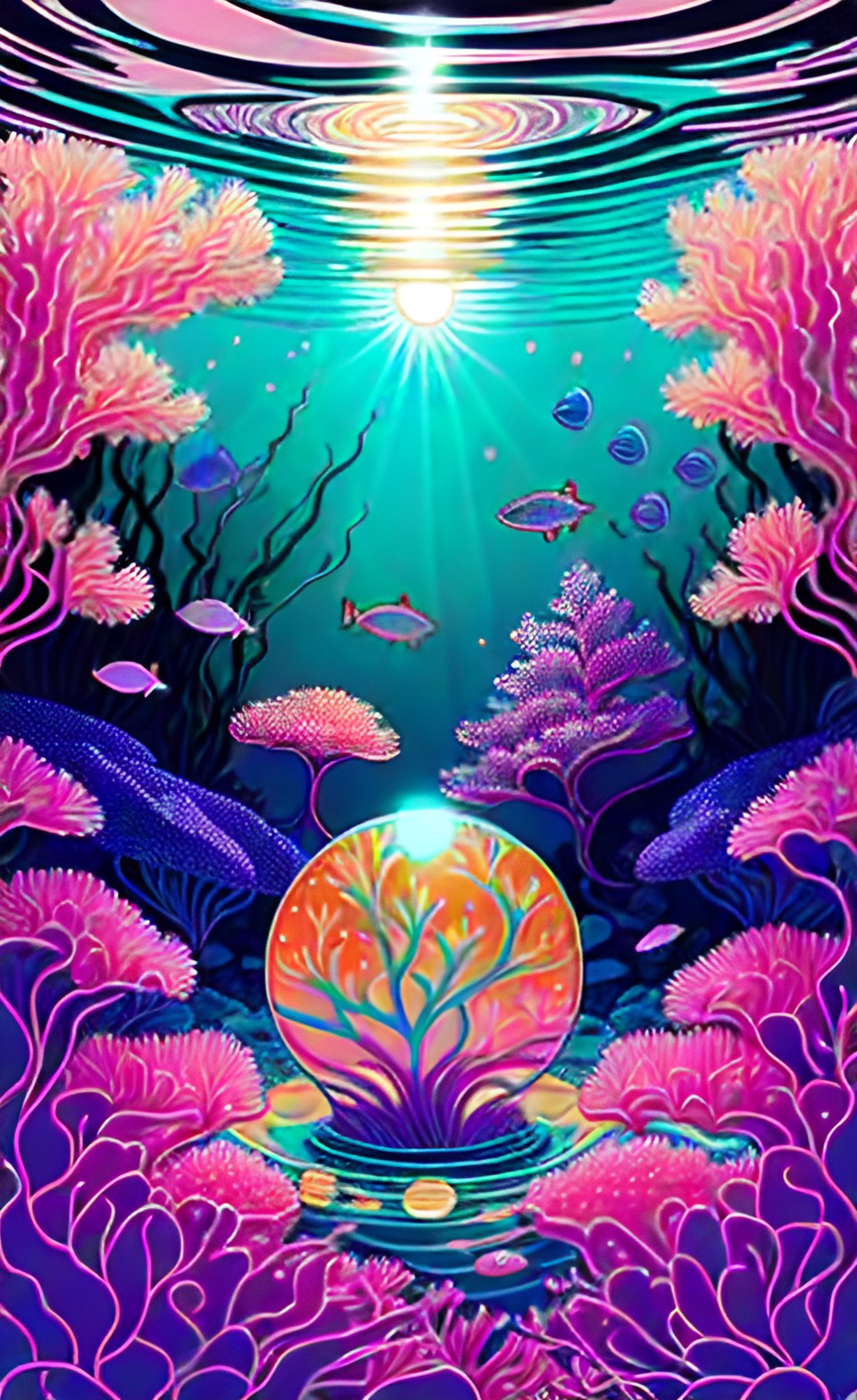 flower under water within a coral reef with sun stream preview