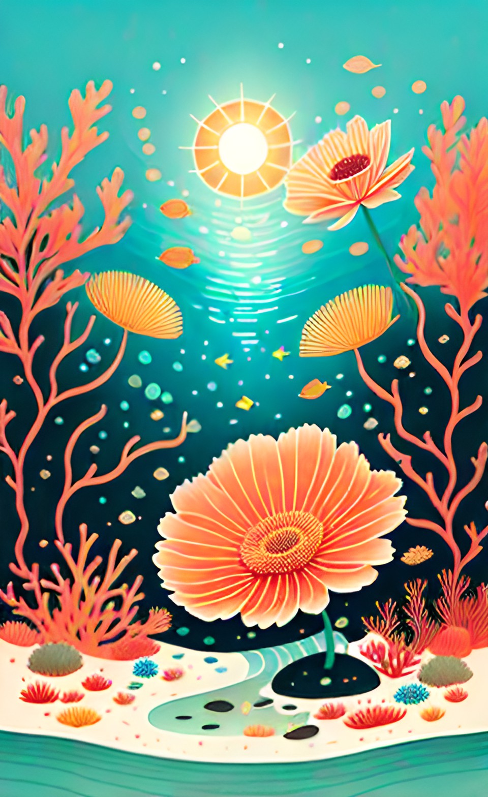 flower under water within a coral reef with sun stream preview