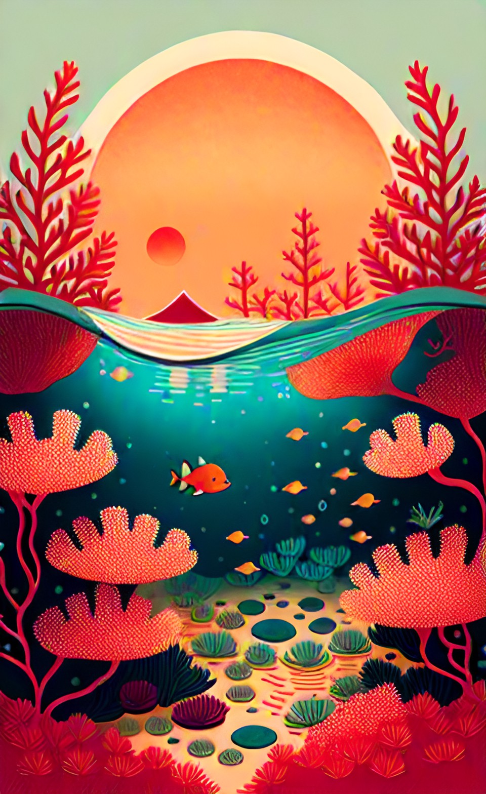 flower under water within a coral reef with red sun stream preview