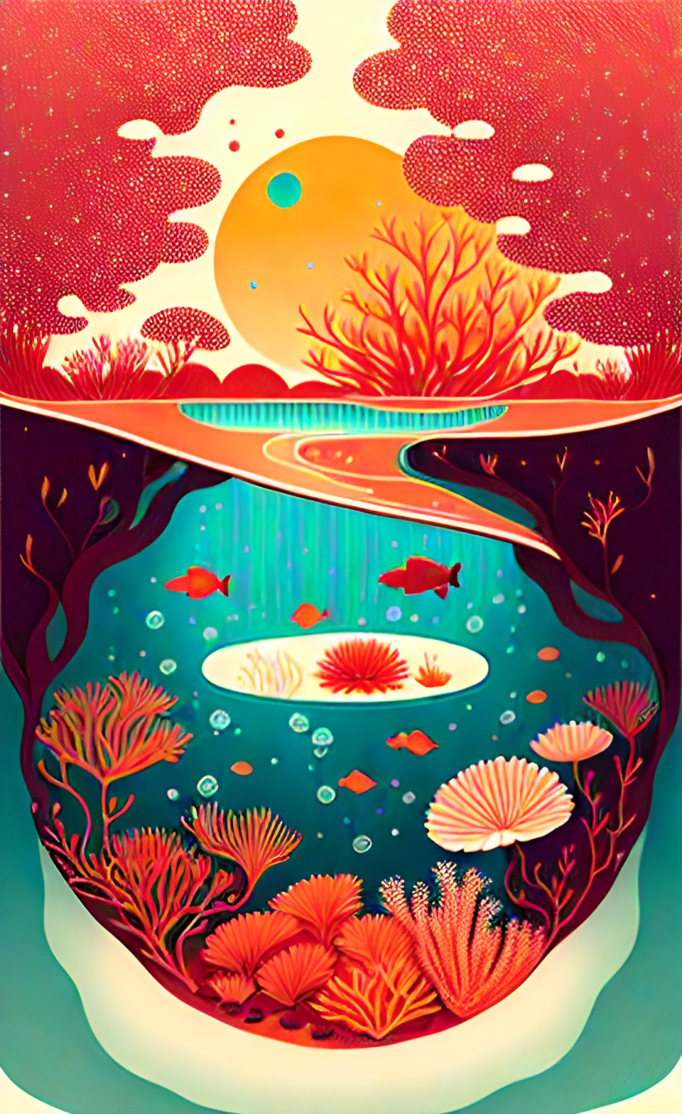 flower under water within a coral reef with red sun stream preview