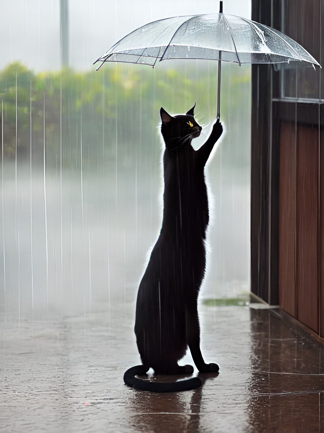 the cat is waiting for his owner to come home in the rain. preview