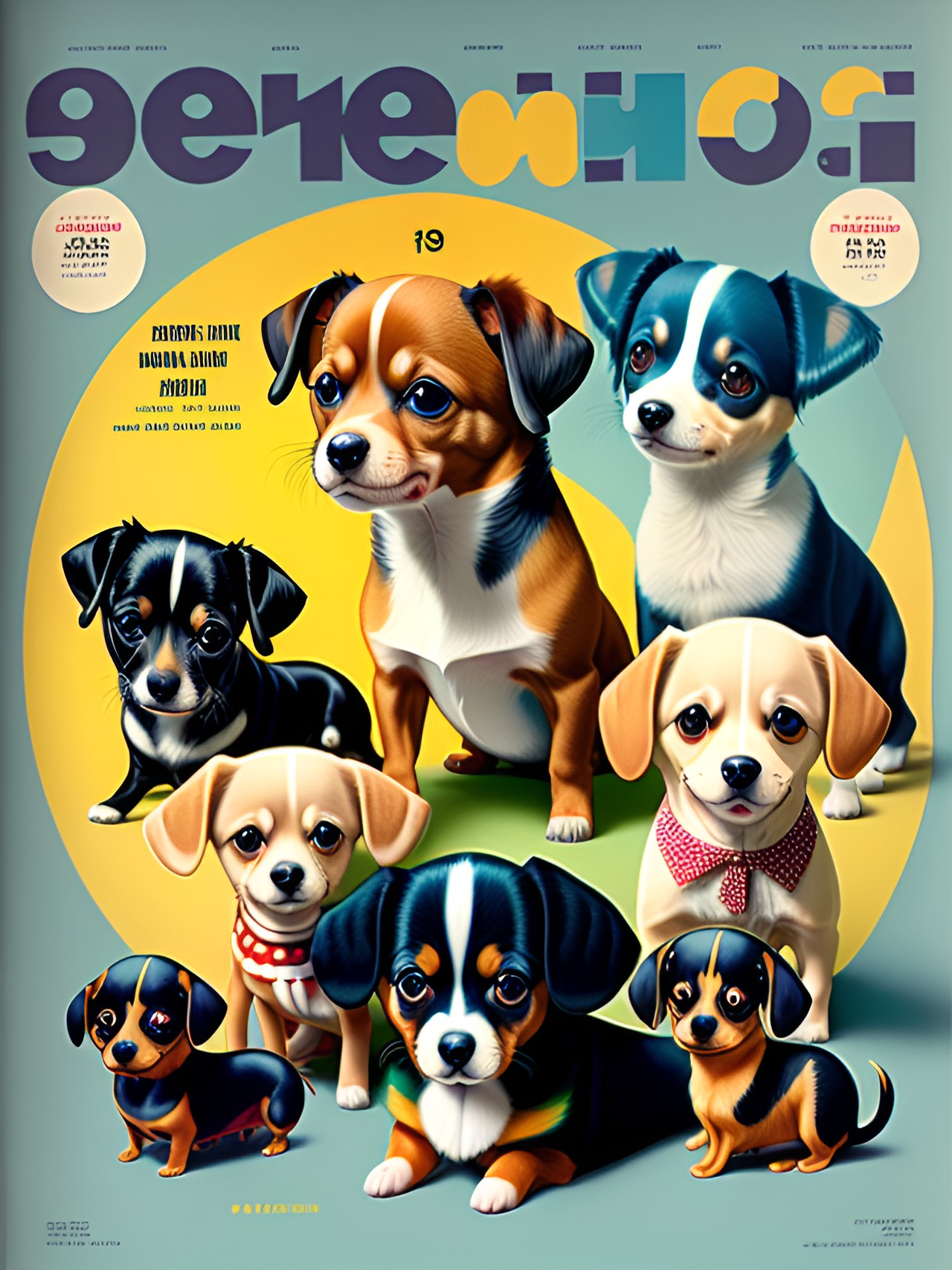 Beseeching - 1965 magazine cover, “our favorite small dogs”. this week featuring dachshunds,  papillons, chihuahuas and pomeranians  with illustrations of all the colors and size variations of the dogs. preview