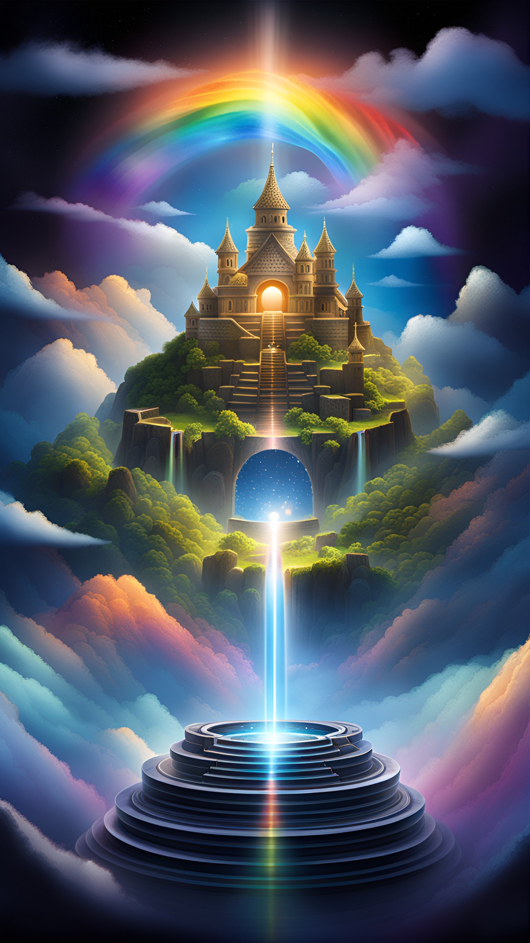 a hidden kingdom in the clouds, accessible only by a rainbow bridge preview