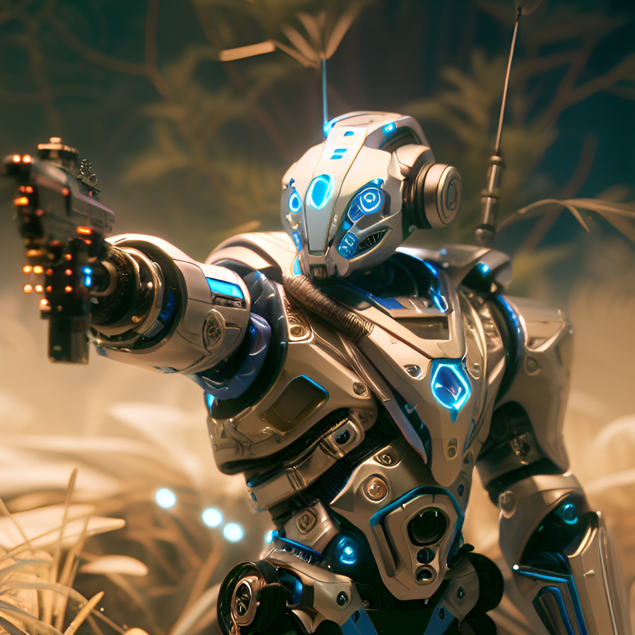 bluewhite biomechanical humanoid inspired by the shrimp, extremely complex and augmented,armed with a small handgun, swamp landscape, volumetric light, 8k octane render, character art preview