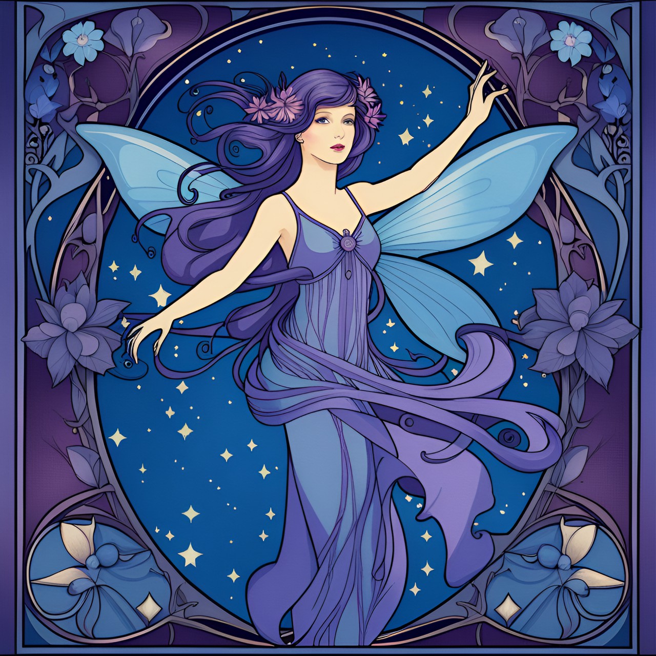 WIP starlight fairy - art nouveau starlight fairy flower and stars. tones of blue and purple. high quality print on cotton paper. preview