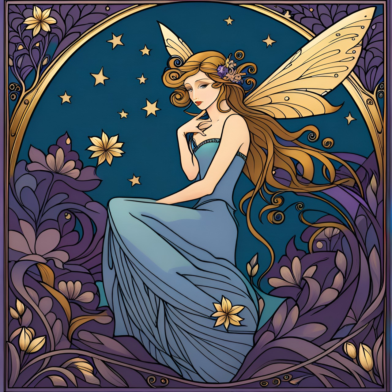 art nouveau starlight fairy, stars and flowers. tones of blue, purple, and gold. high quality print on cotton paper. preview