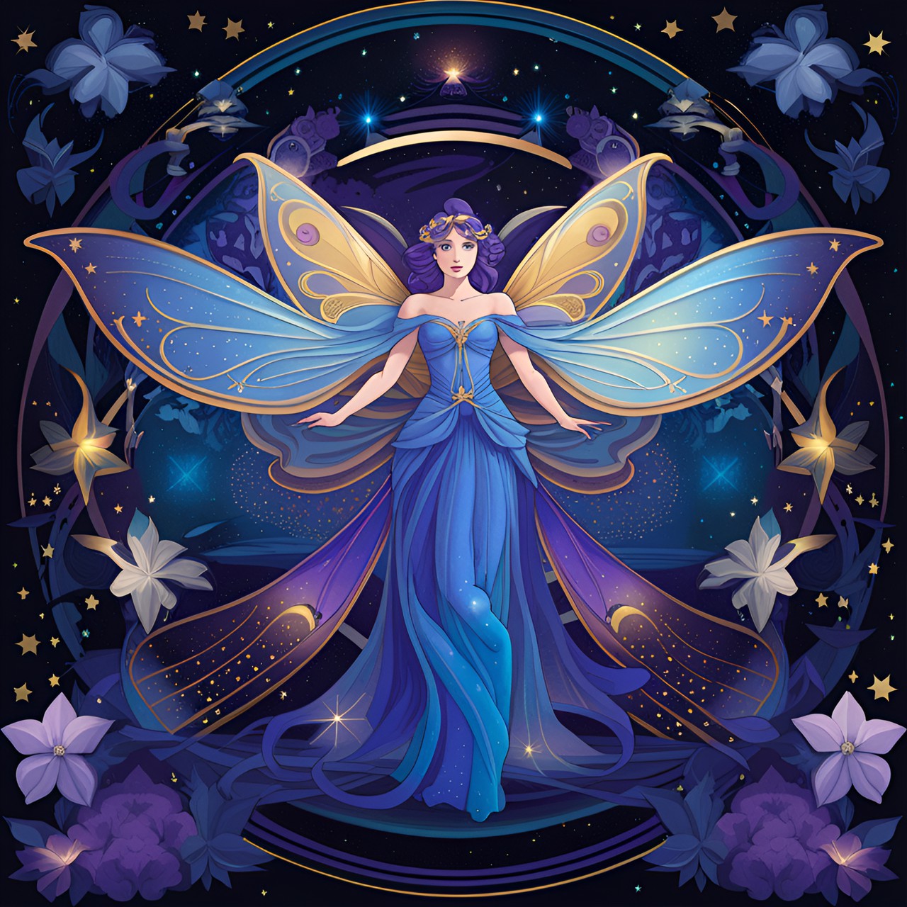 art nouveau starlight fairy, stars and flowers. tones of blue, purple, and gold. high quality print on cotton paper. preview