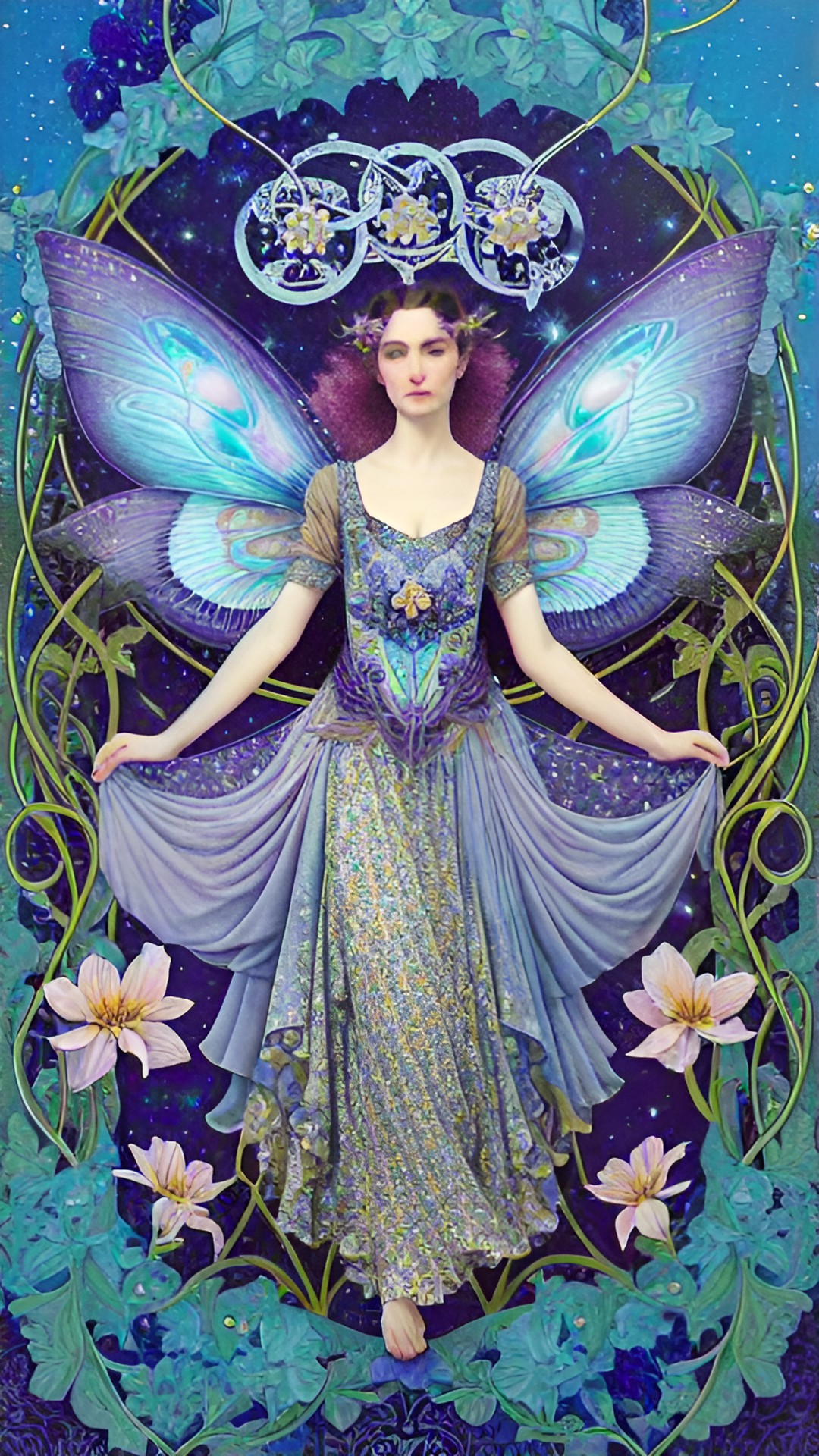 art nouveau starlight fairy, stars and flowers. tones of blue, purple, and gold. high quality print on cotton paper. preview